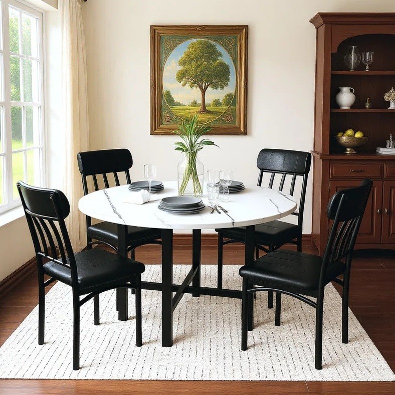 5 Pc Compact White Dining Set Round Kitchen Table Leather Black Metal Chairs New