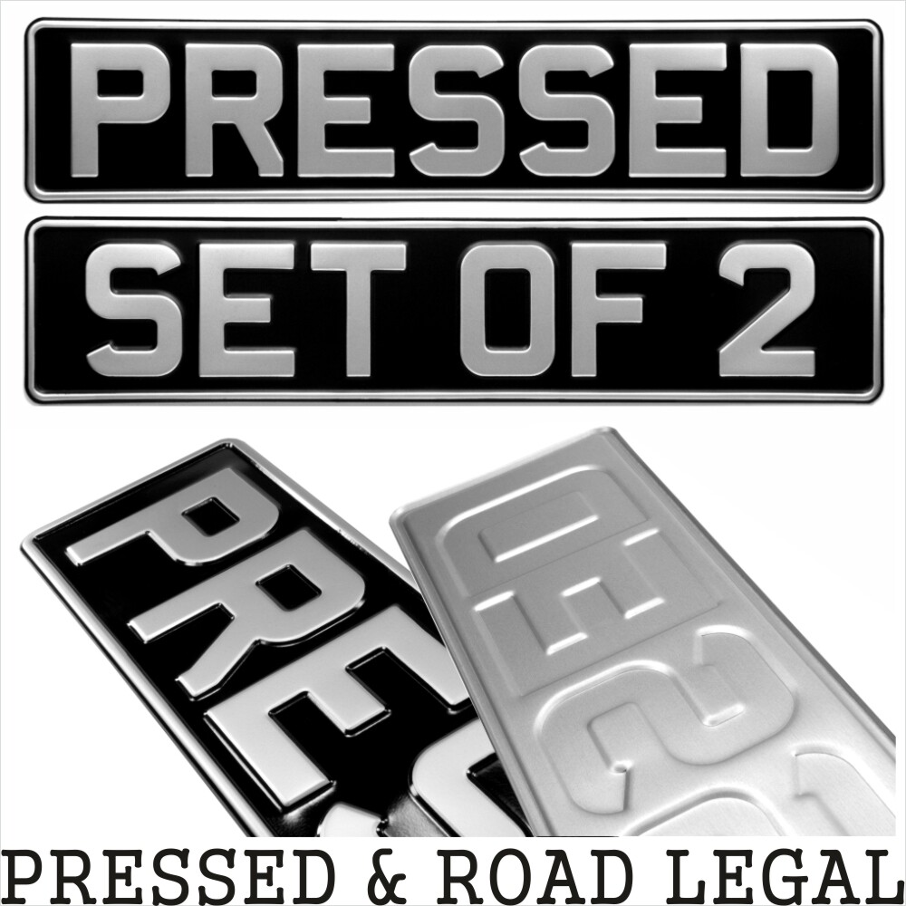 SET OF 2 OBLONG Black and Silver Pressed Number plates Car Metal Classic (pair)