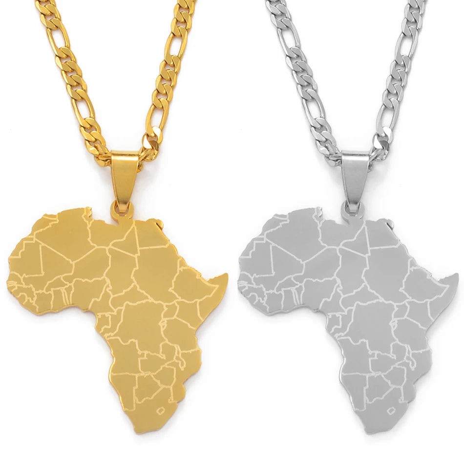 Africa Map Pendant Necklace in Gold or Silver – Ethnic Statement Jewelry U250245