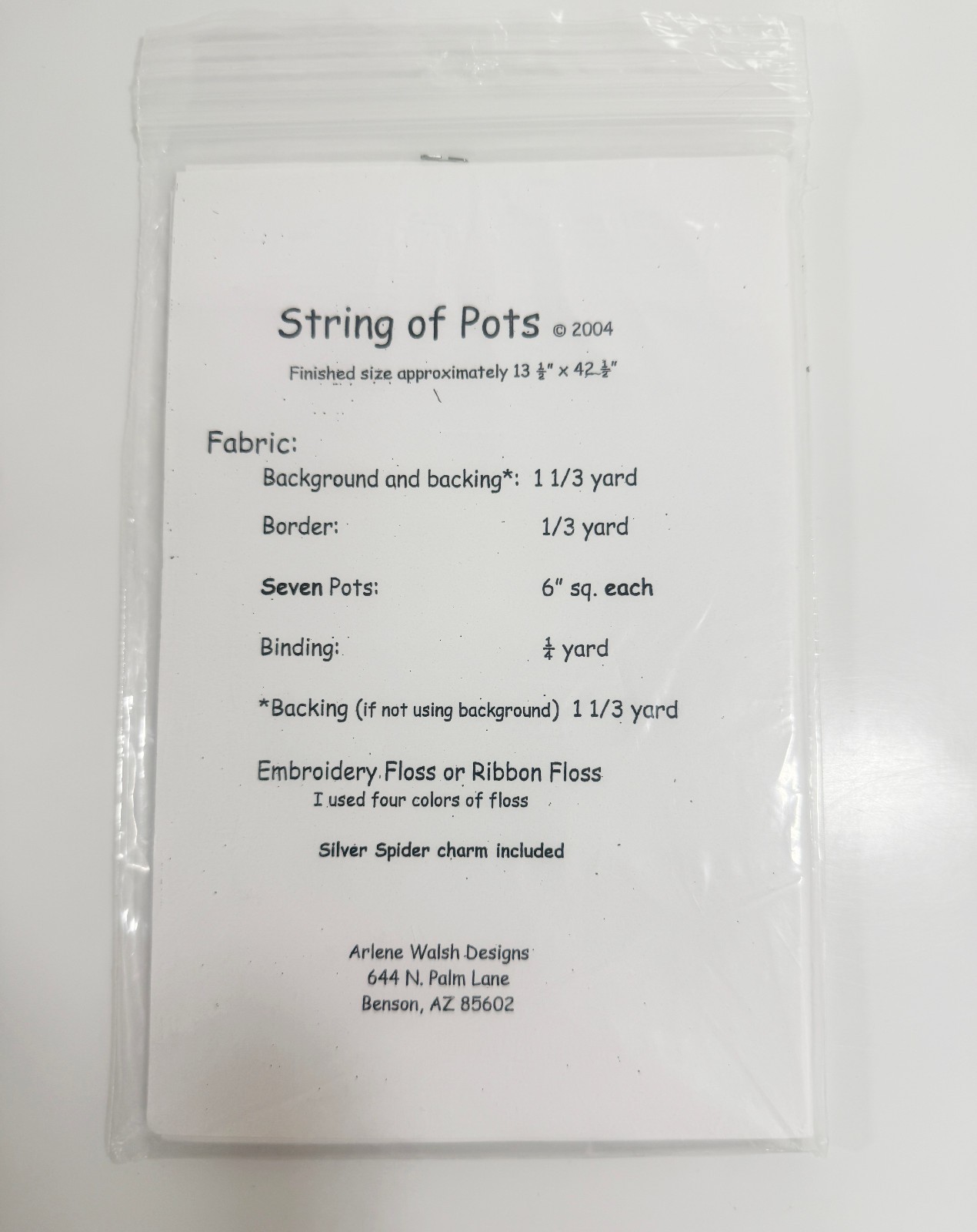 STRING OF POTS Quilt Pattern by Arlene Walsh Designs 2004