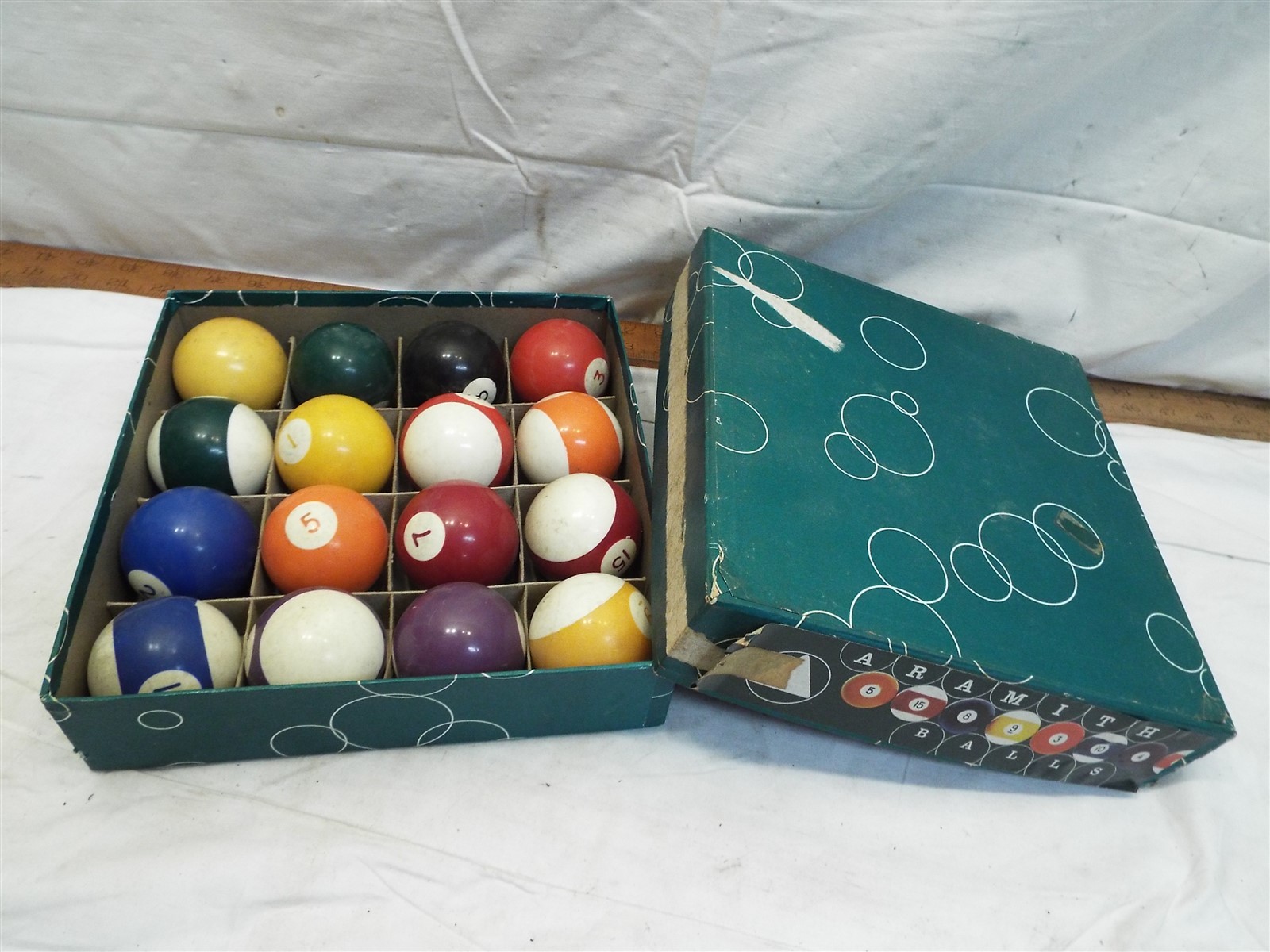 Vintage Aramith Pool Pocket Billiard Ball Set w/Brown Cue Box Decor 2-1/4" Game