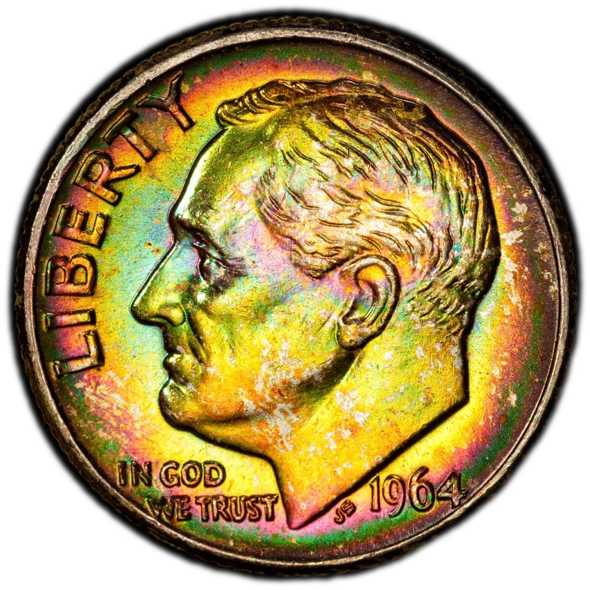 MS65 1964-D 10C Roosevelt Silver Dime, PCGS Trueview- VIVID Rainbow Toned