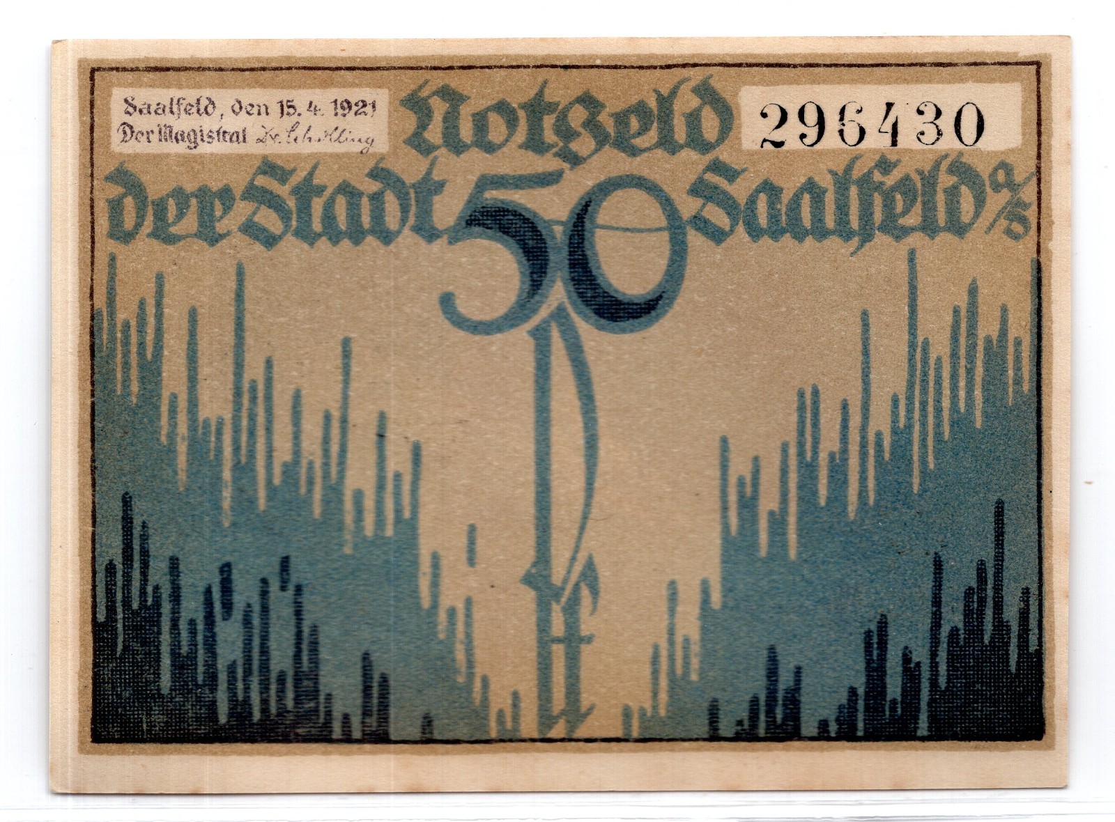 1921 Germany Saalfeld Notgeld 50 Pfennig Note (3973)