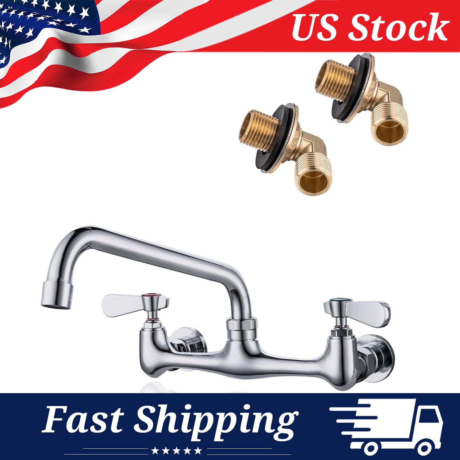 Commercial Wall Mount 8"Center Kitchen Faucet with 8" Swivel Spout & 90°Adapters
