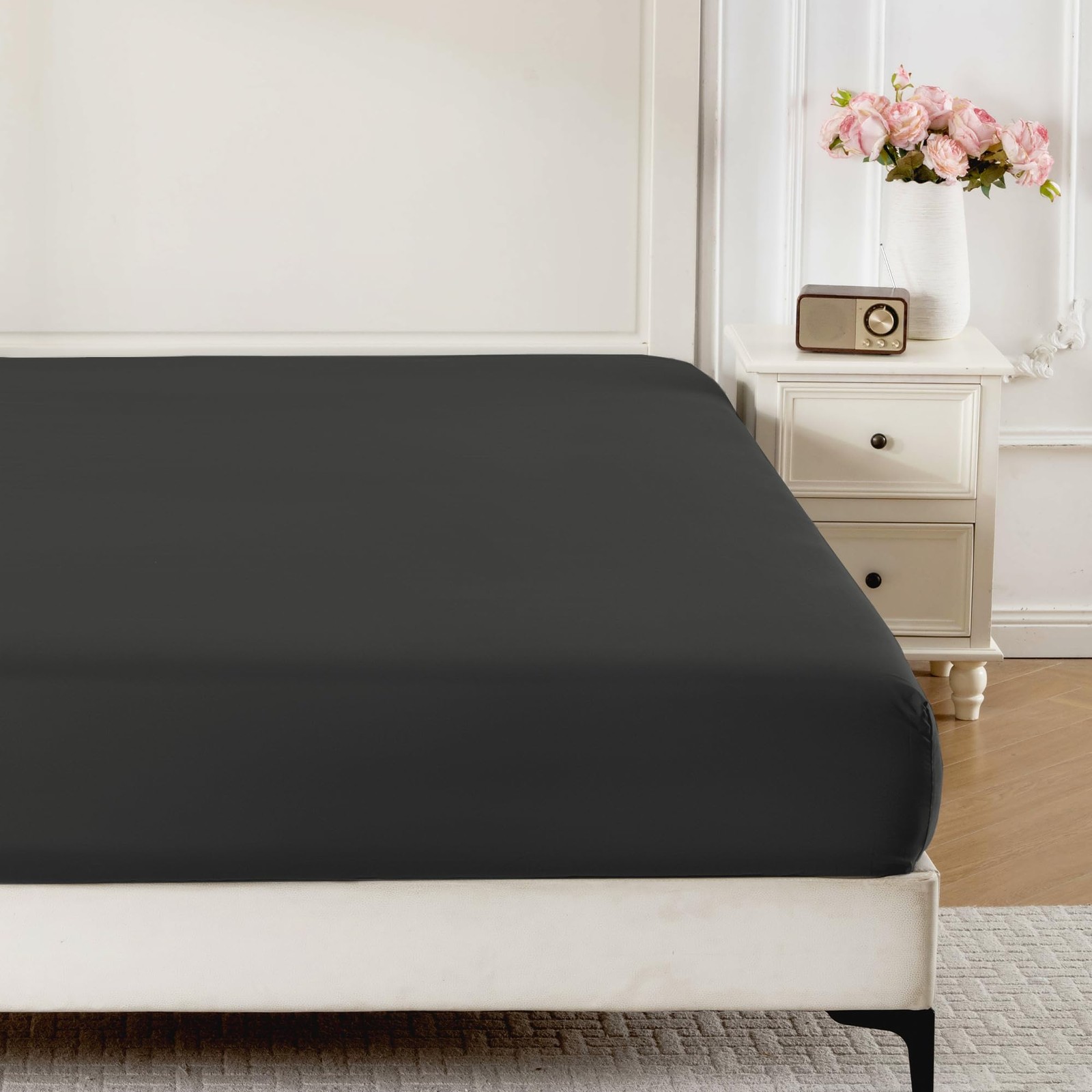 Black Twin Fitted Sheet 1 PC Soft Breathable Cooling 16 Inch Deep Pocket Bed
