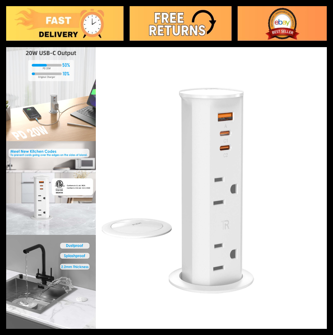 2" Pop Up Outlet with 20W USB Ports & 2 Outlets | ETL Listed Splashproof Power G