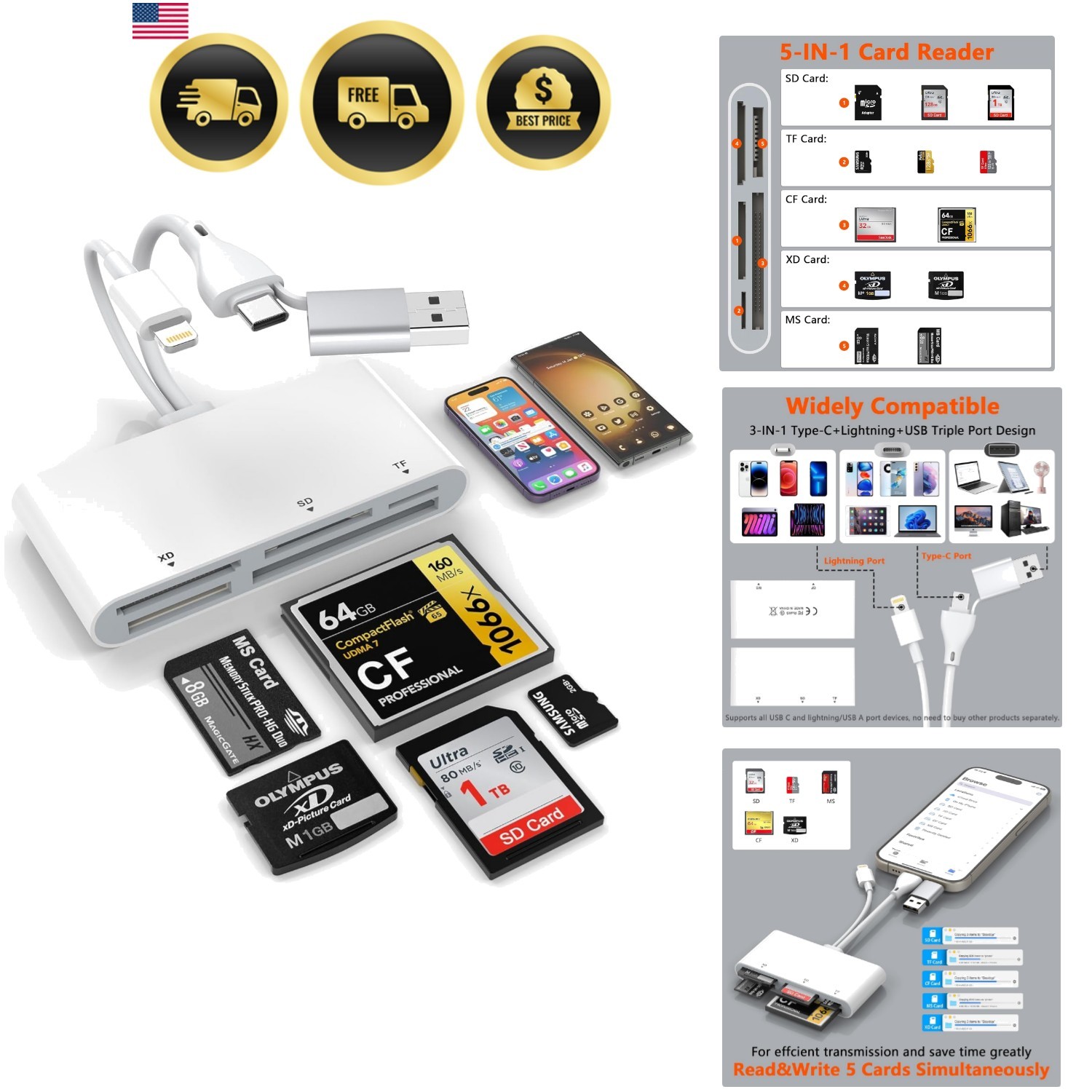 Memory Card Reader 5-in-3 USB C USB A SD Micro SD CF XD MS Card Adapter