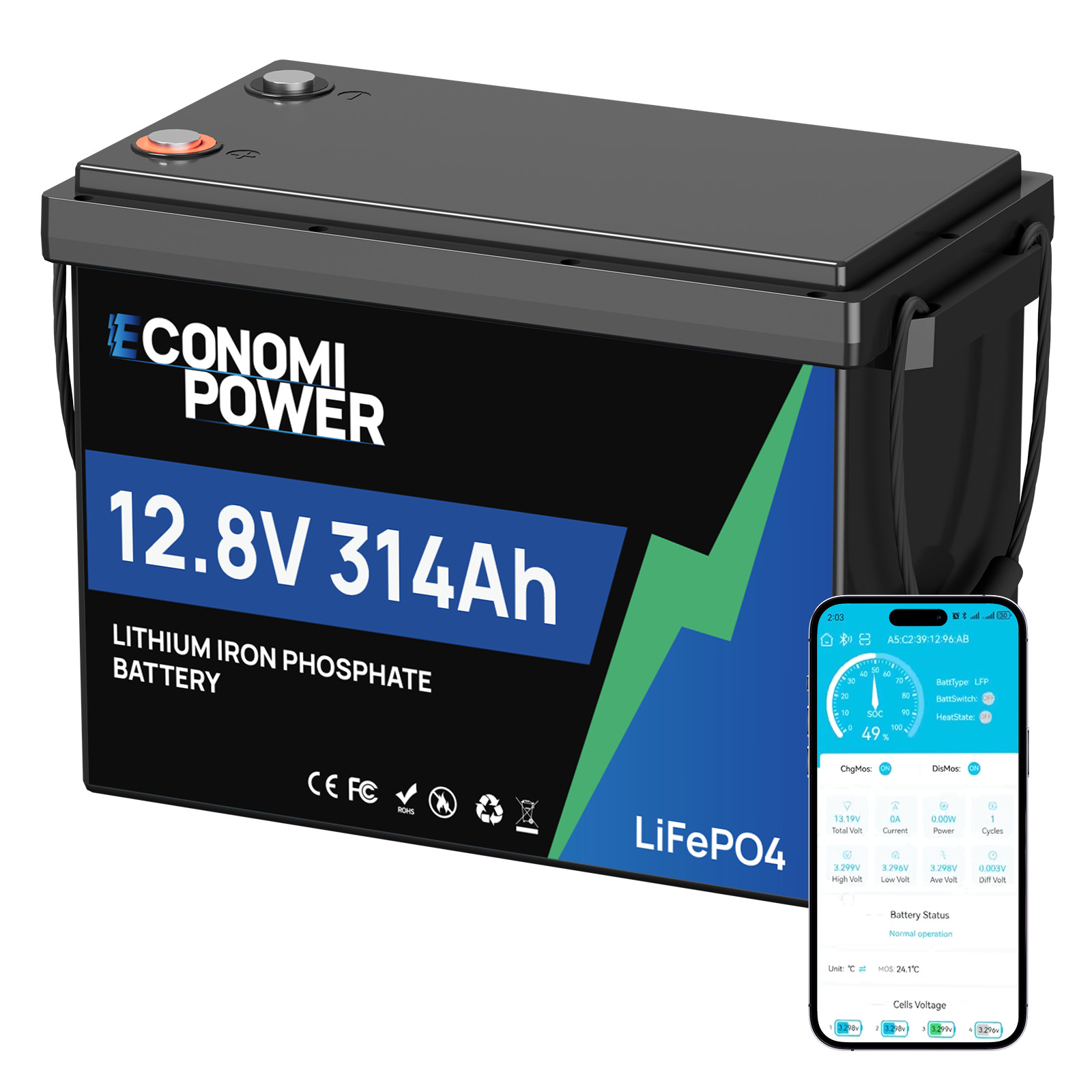 12V 300Ah Mini LiFePO4 Lithium Battery 200A BMS Deep Cycle for Solar Off Grid RV