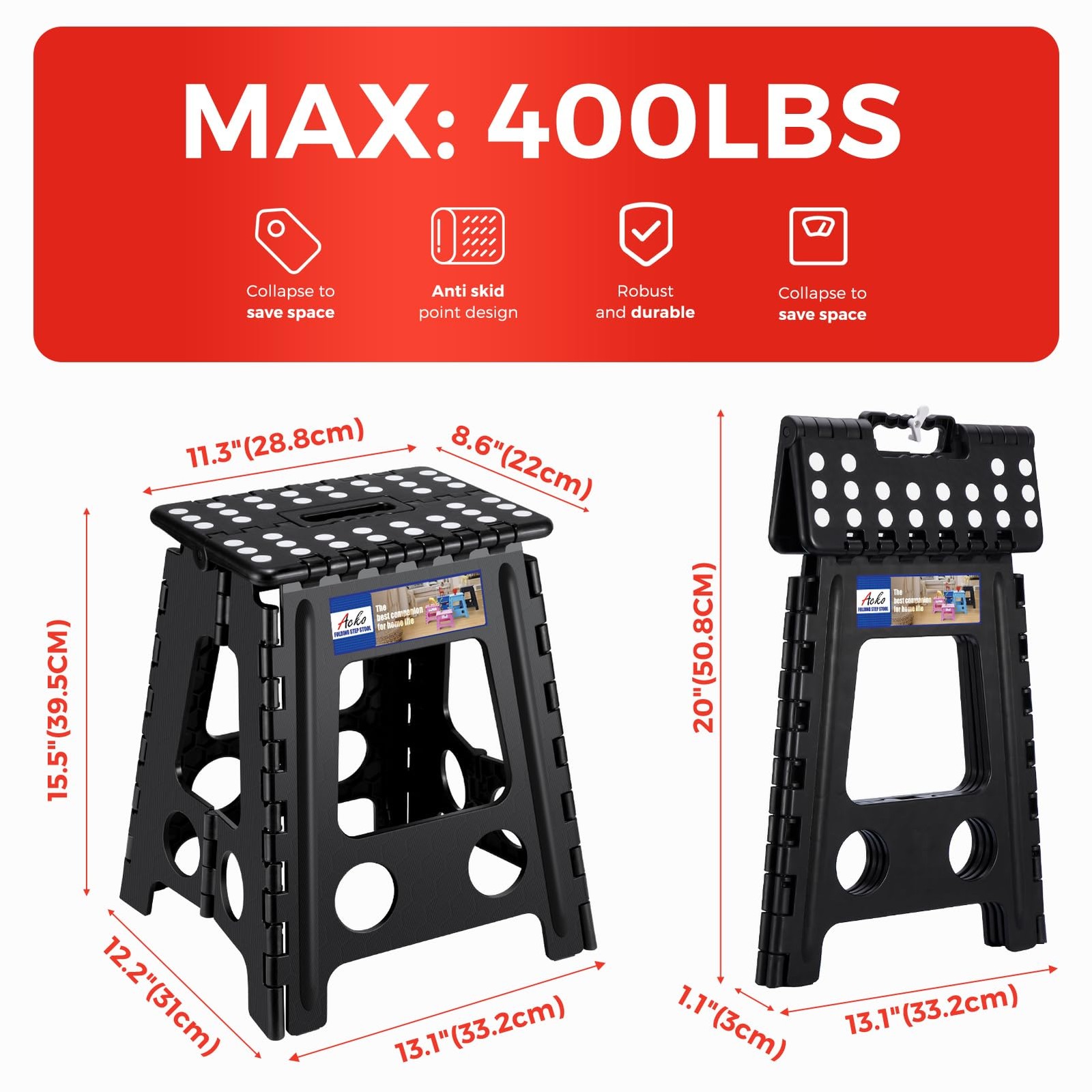 Folding Step Stool 16 Inch 400 Lbs Capacity Plastic Collapsible Black 1 PC