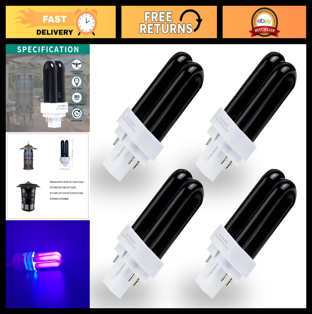 7W Replacement Light Bulb 3.6" for Dynatrap DT1050 DT1100 DT1200 - 4 Pack