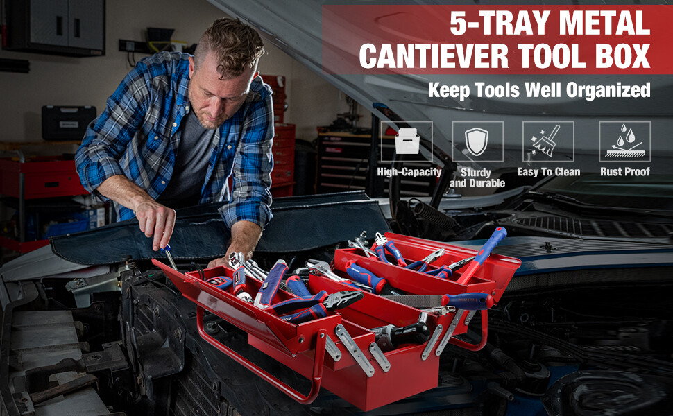 WORKPRO Metal Tool Box 18'' Cantilever Folding Red Storage Box 3-Layer 5-Tray