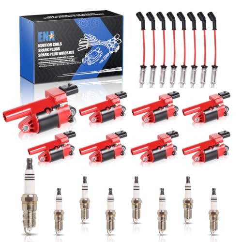 8 Ignition Coil with Spark Plug and Wire Set Compatible with Cadillac Red