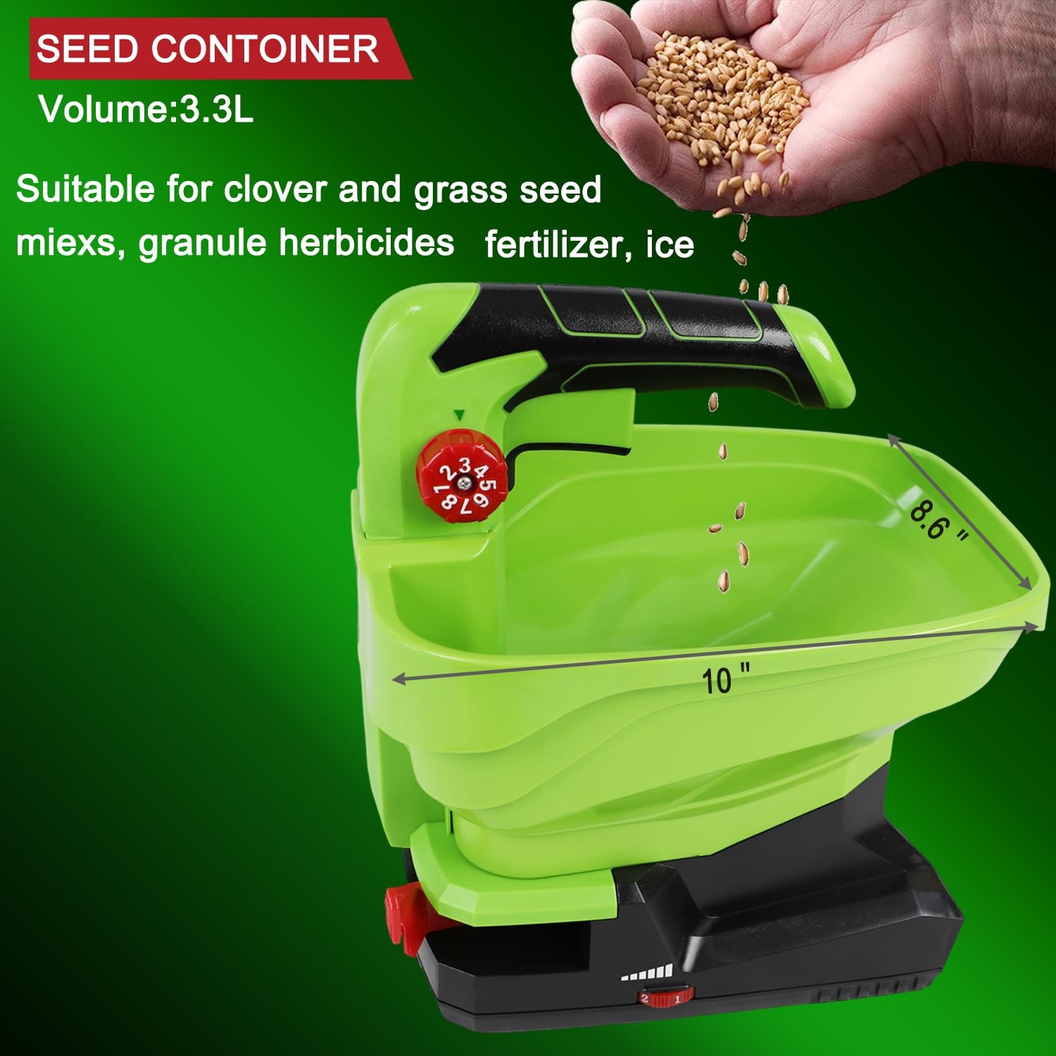 GARCARE 7.2V Cordless Seed Spreader - Capacity 3.3L, 2.0Ah Built-in green