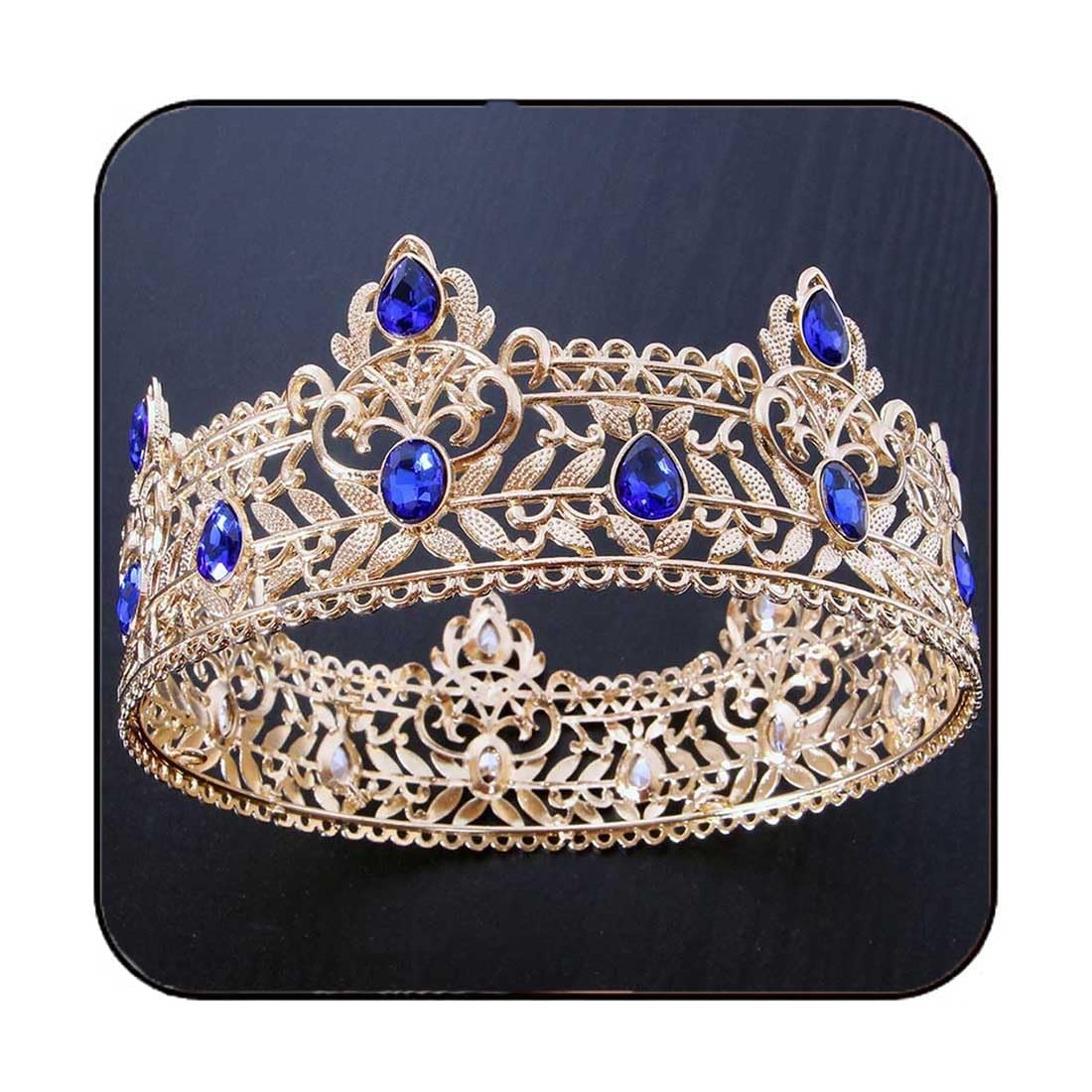 Yean Gold King Crowns with Blue Rhinestone and Tiara free size,