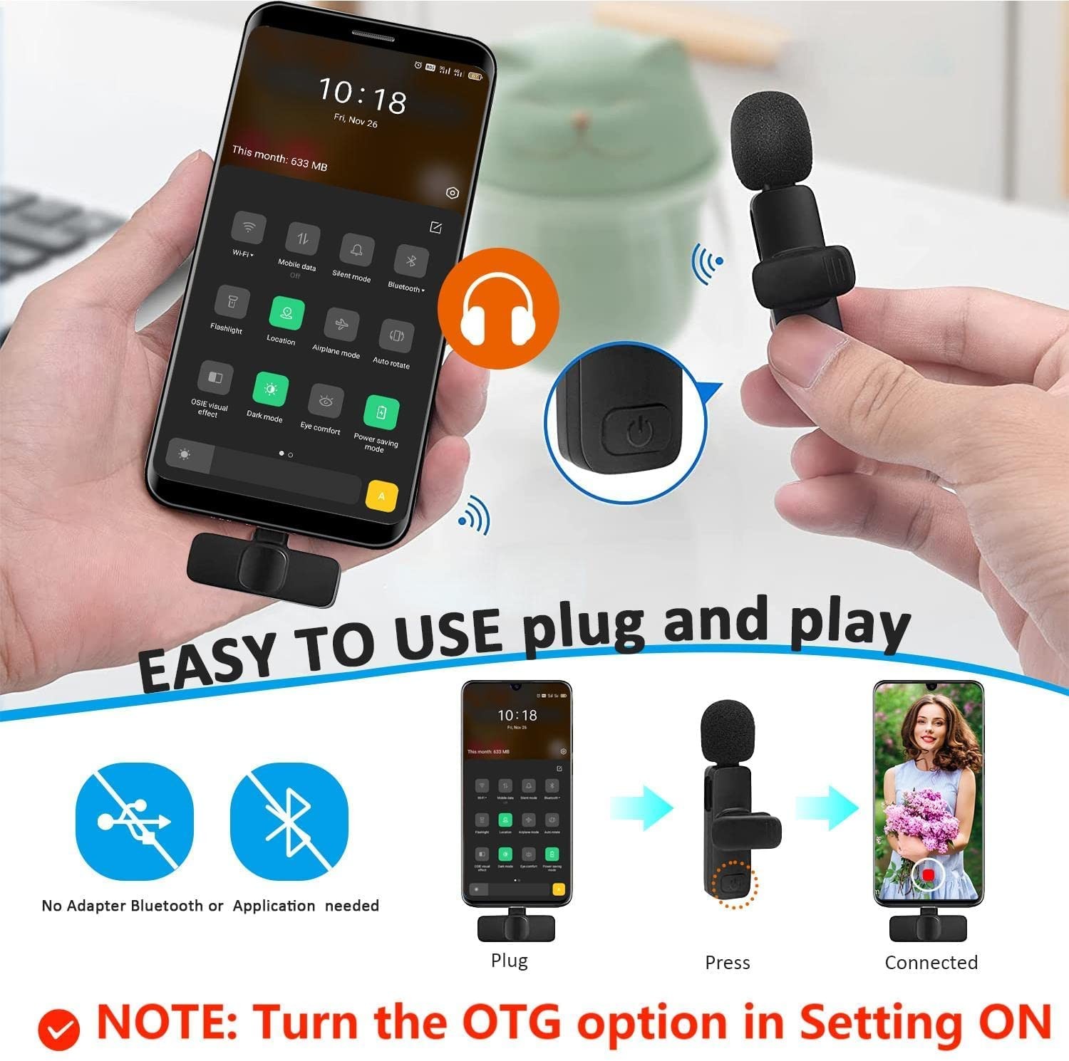 Wireless Lavalier Lapel Microphone for iPhone Android Phone Laptop - Bluetoot...