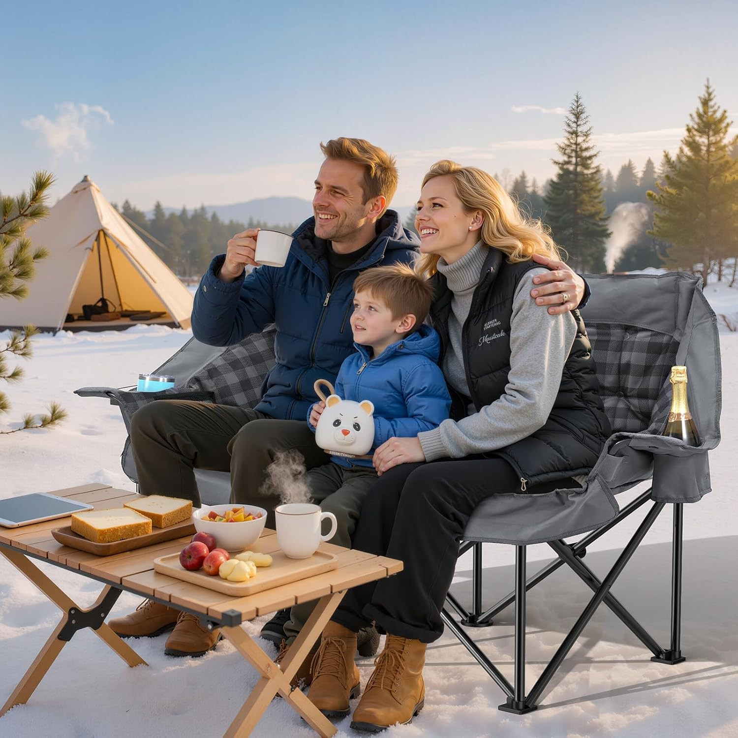 Oversized Double Camping Chair with Cup Holders and Carry Bag, Grey