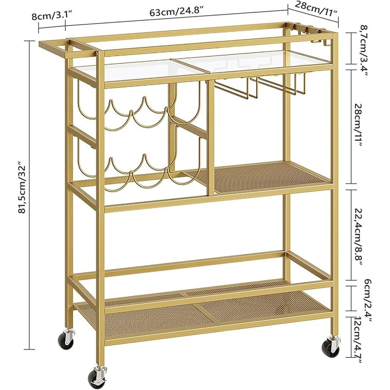 Multi-Level Kitchen Cart W/ Wine Rack Glass Holders Rolling Storage Trolley New