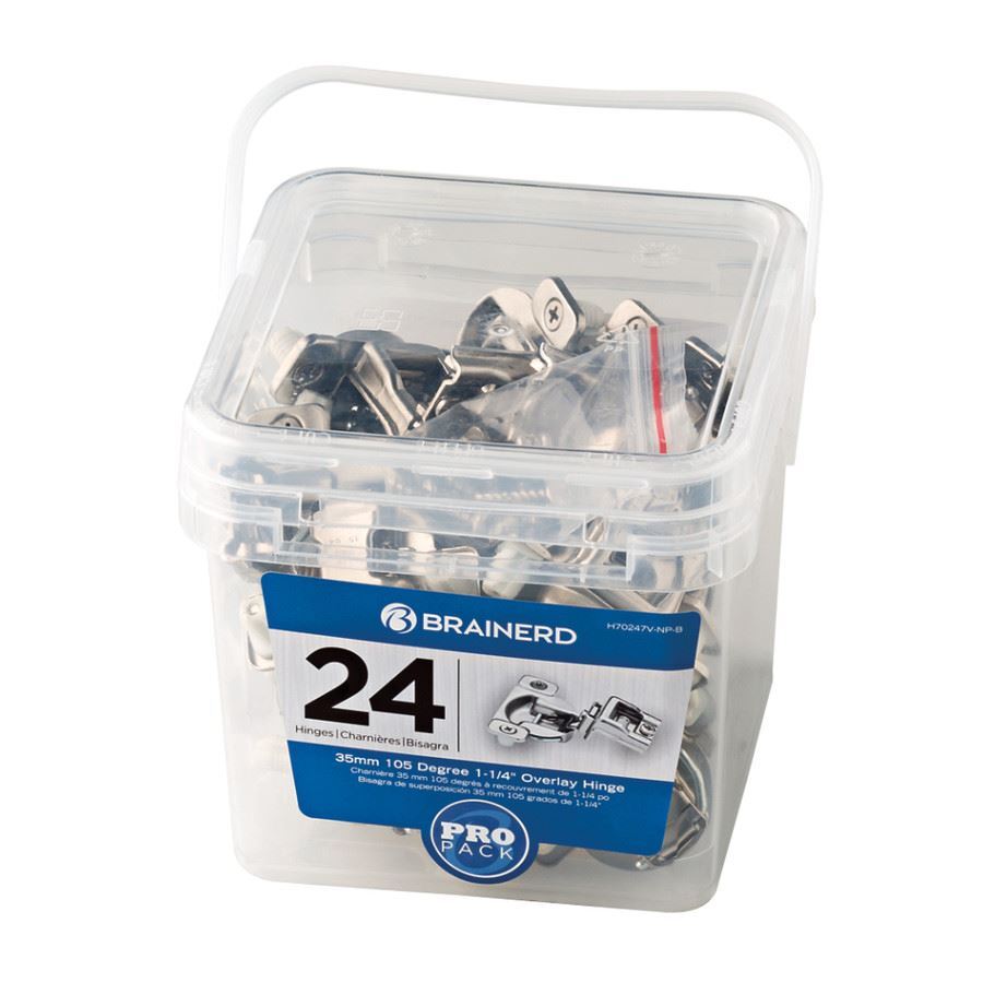 Tub of 24 Euro Hinges 1-1/4" Overlay With Screws and Dowels
