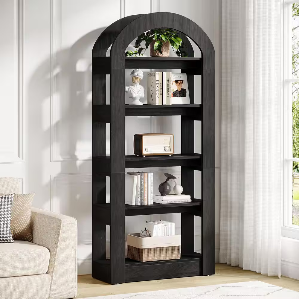 Eulas 70.8 In. Tall Black Engineered Wood 5-Shelf Arched Bookcase Bookshelf for
