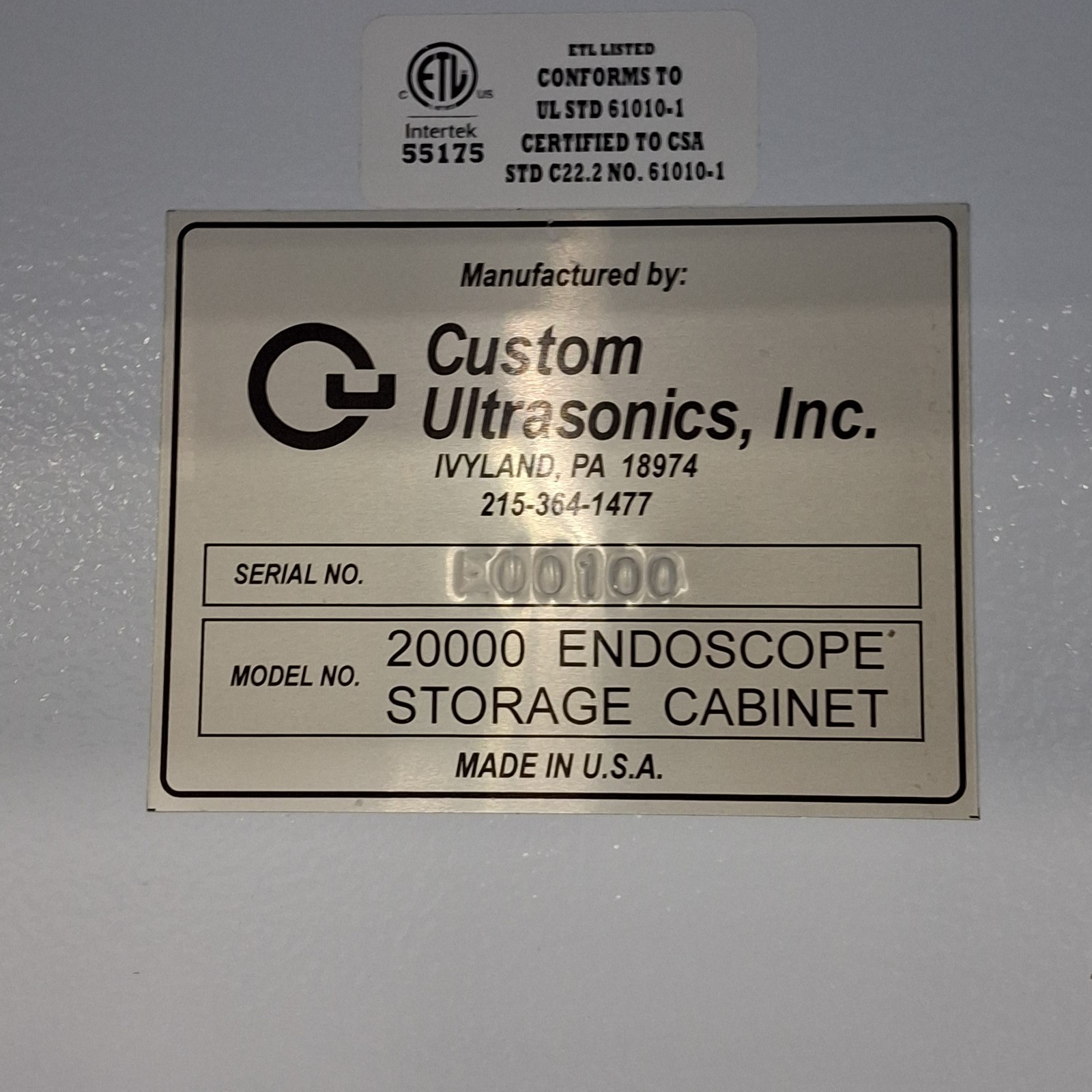 Custom Ultrasonics Model 20000 Endoscope Storage Cabinet