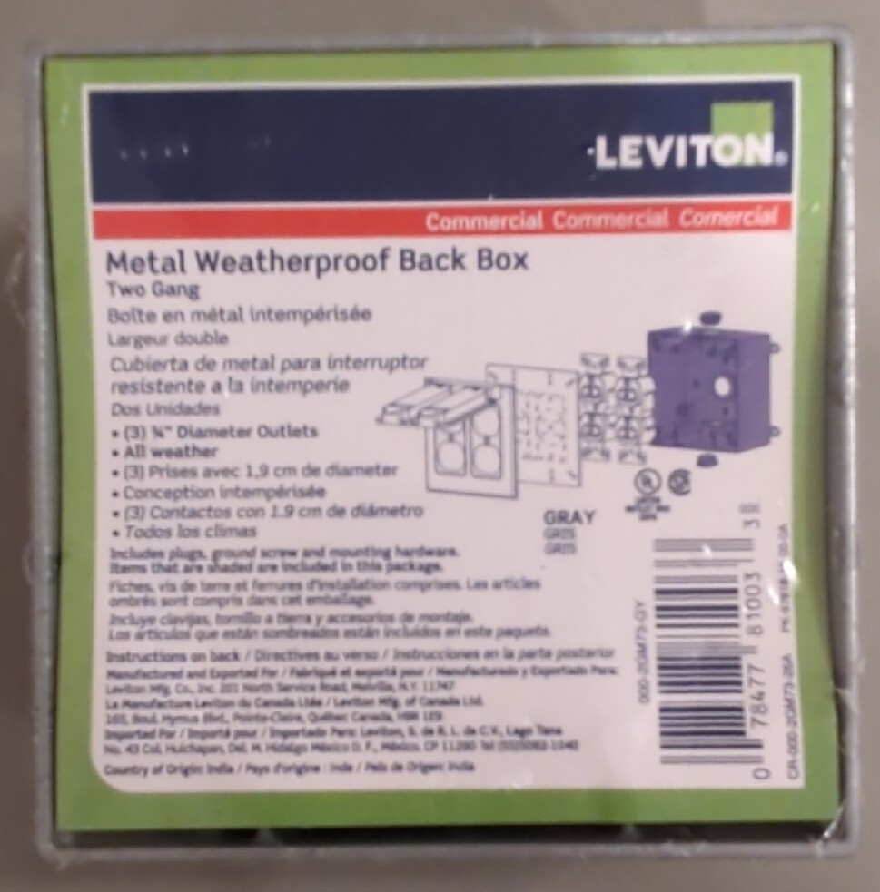 Leviton Metal Weatherproof Back Box Two Gang - 2 Gang- Brand New Sealed 2GM73-GY