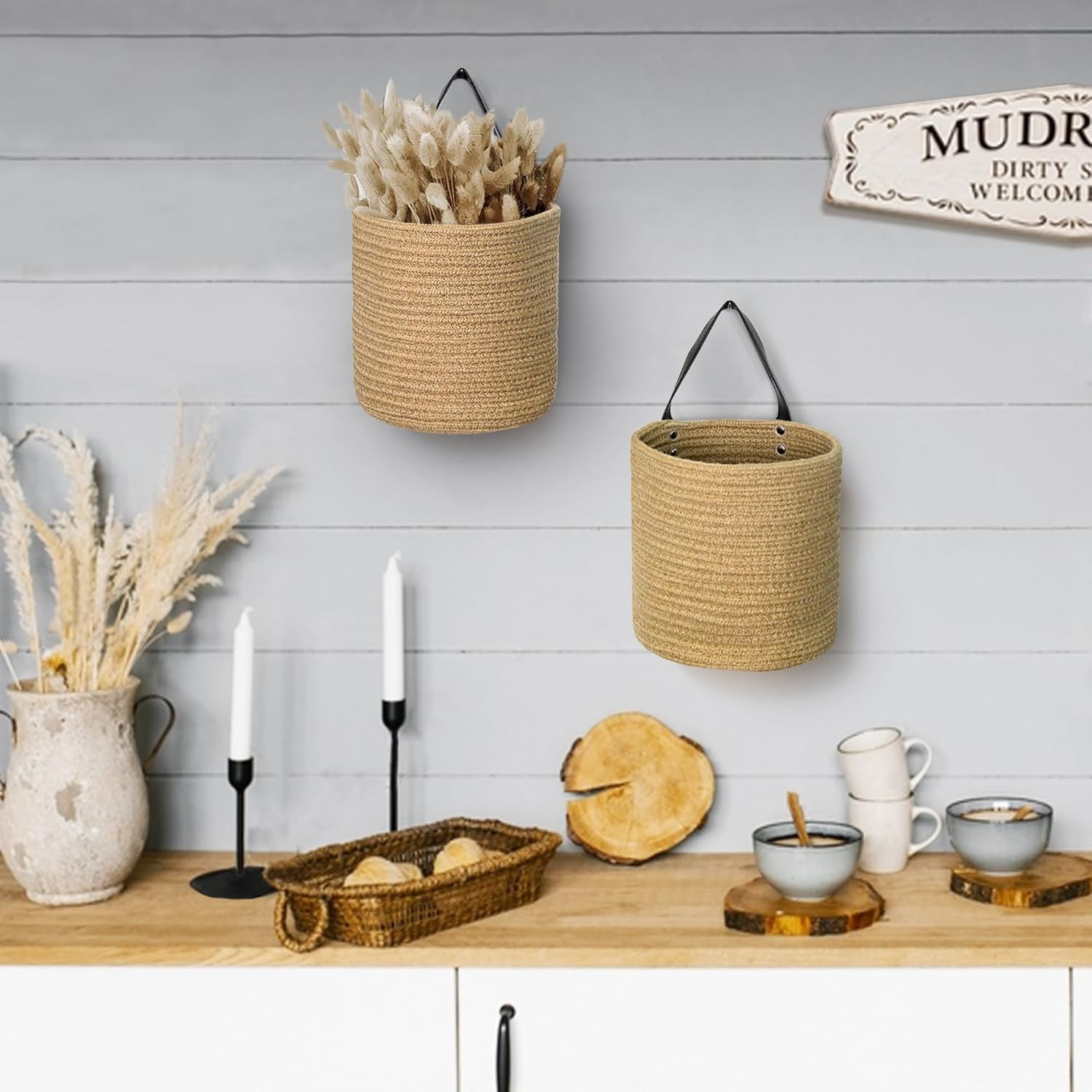 2 Pack Hanging Basket, Small Wall Baskets for Organizing, Wicker Boho Wall Decor