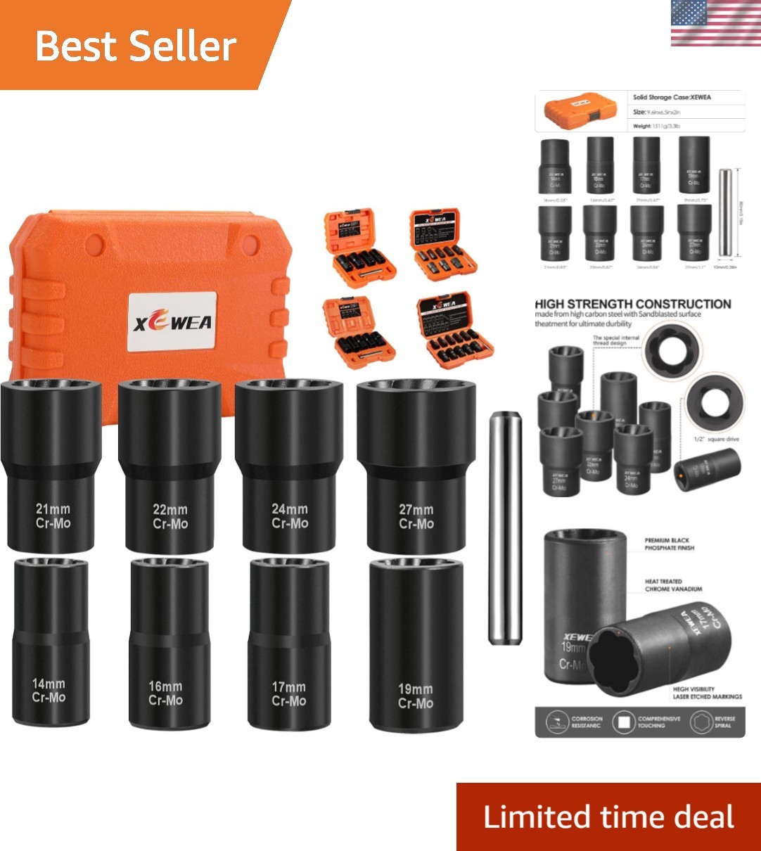 9PCS Lug Nut Extractor Set, 1/2" Drive Impact Bolt Remover Socket Tool, Wheel...