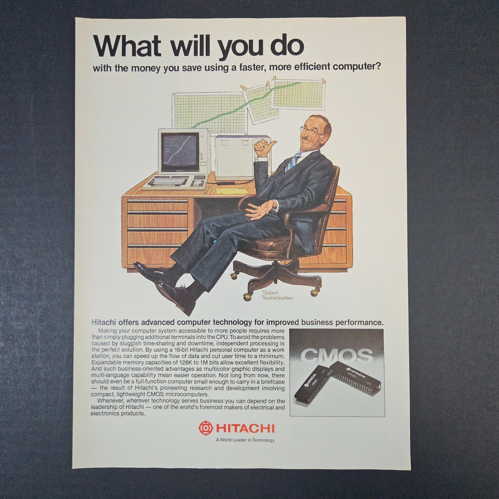 1983 Hitachi CMOS Computer Technology Vintage Print Ad Robert Tanenbaum Artwork