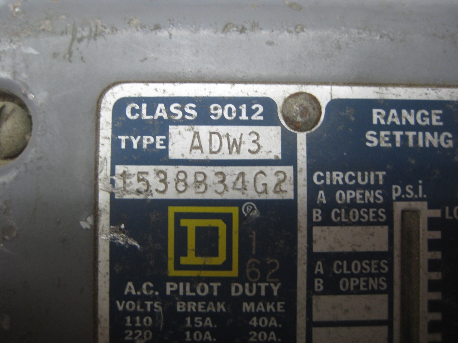 SQUARE D 9012ADW3 PRESSURE SWITCH UNMP
