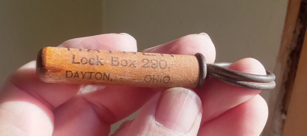 COMPLIMENTS OF HAYNER LOCK BOX 290 EARLY 1900 WHISKEY ADVERTING CORKSCREW