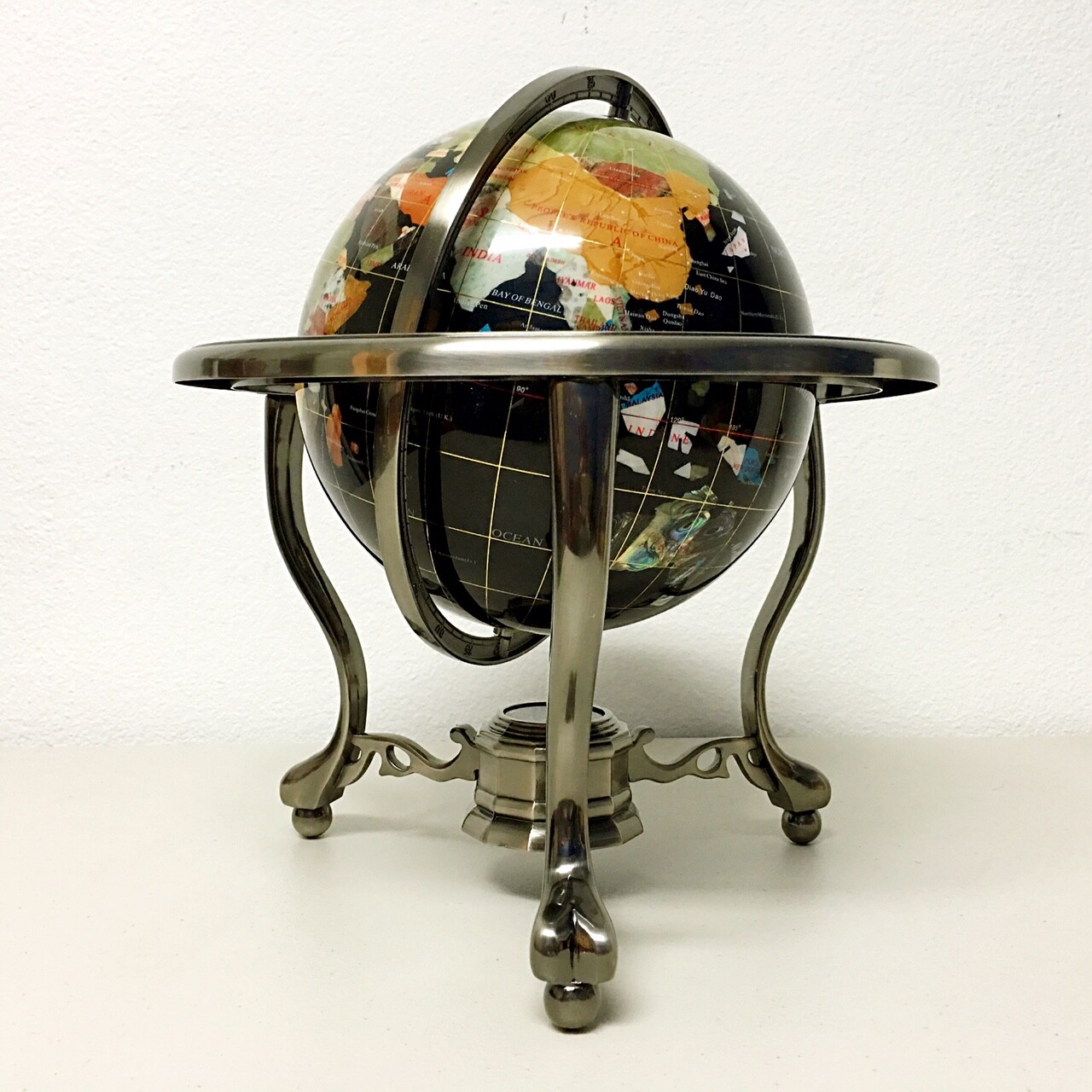 14" Black ocean Silver 3- leg table stand Gem MOP Gemstone World MAP globe