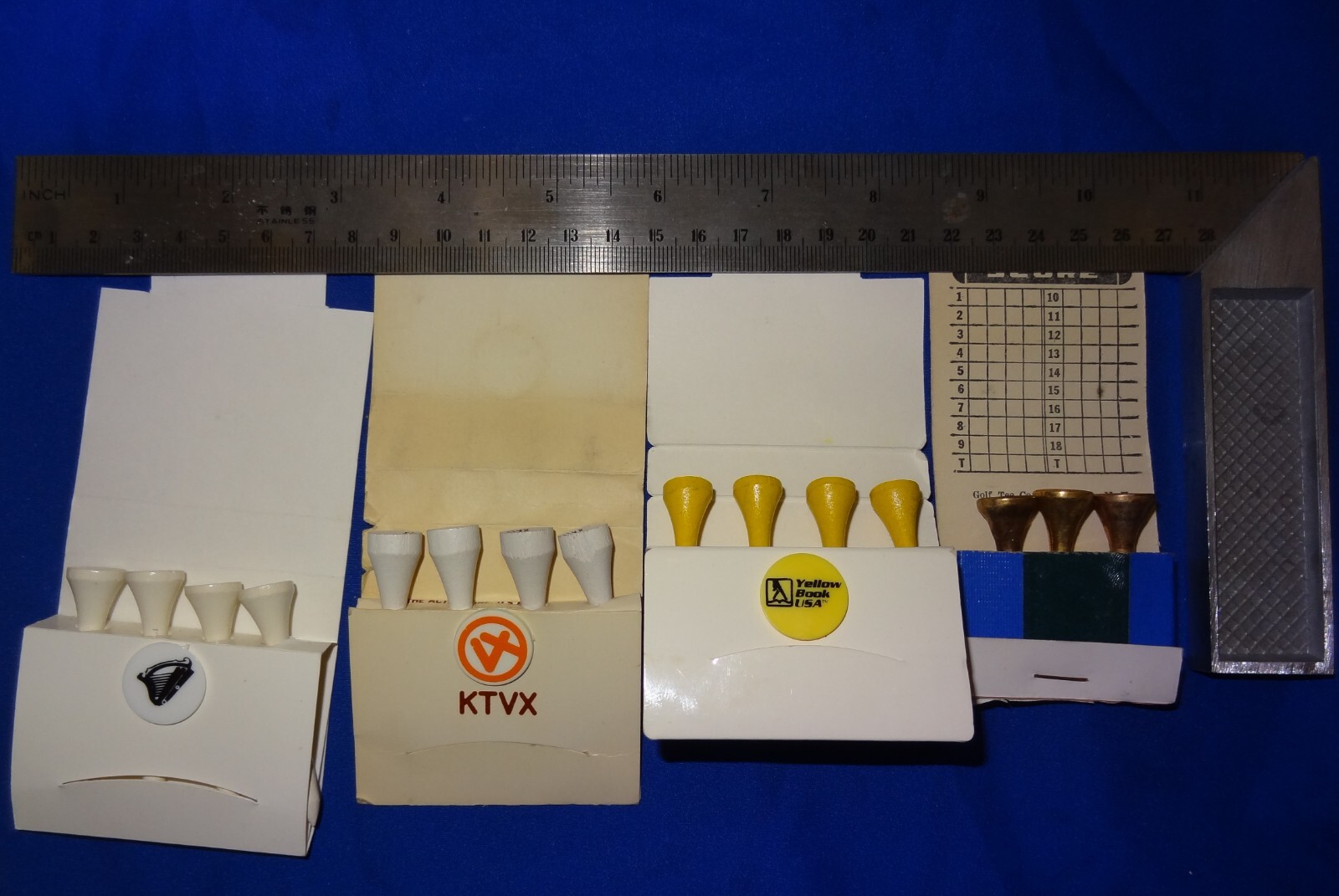 4 VINTAGE GOLF TEES,  ADVERTISING GOLF TEES, MATCH BOOK BALL MARKERS
