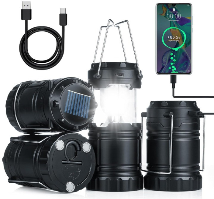 Pack de 4 Linternas Solares LED Recargables USB con Gancho y Base Magnética