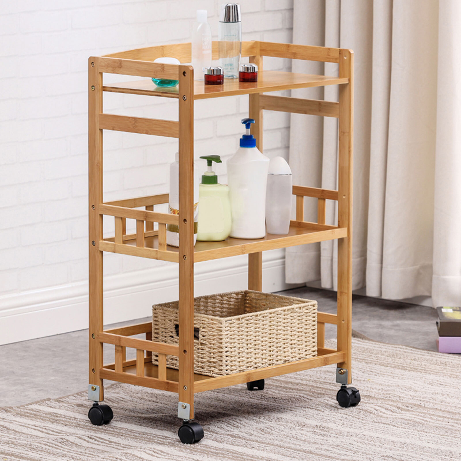 Kitchen Mobile Rolling Serving Cart Storage 3 Tiers Standing Wood Color