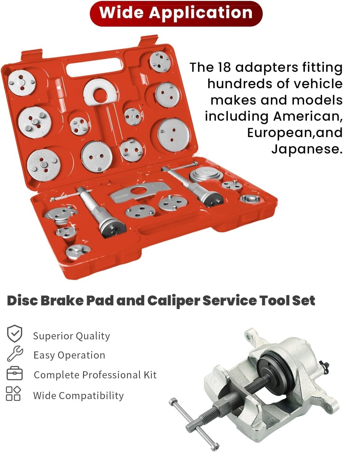 Robust Brake Caliper Compressor Kit with 24 Adapters - Easy Operation & Storage