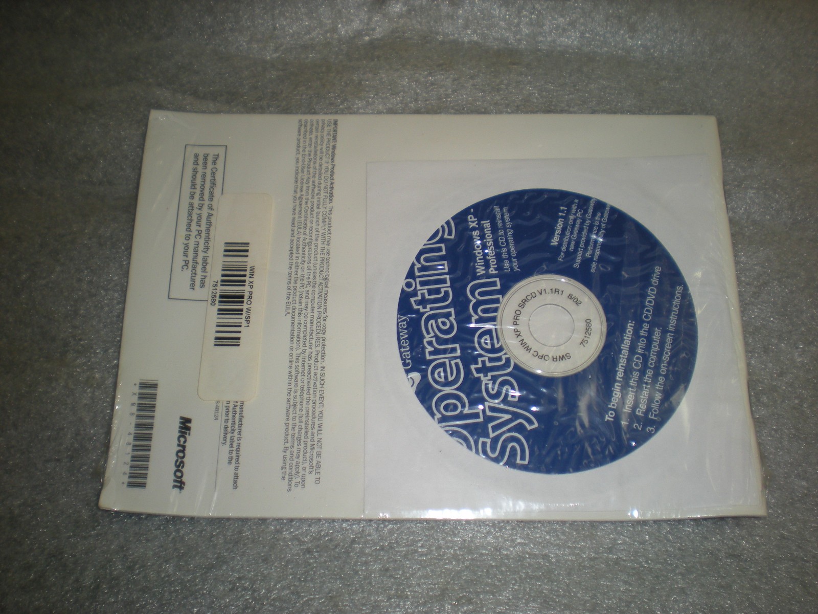 (NO KEY) New Gateway Microsoft Windows XP Professional SP1 Reinstallation Disc