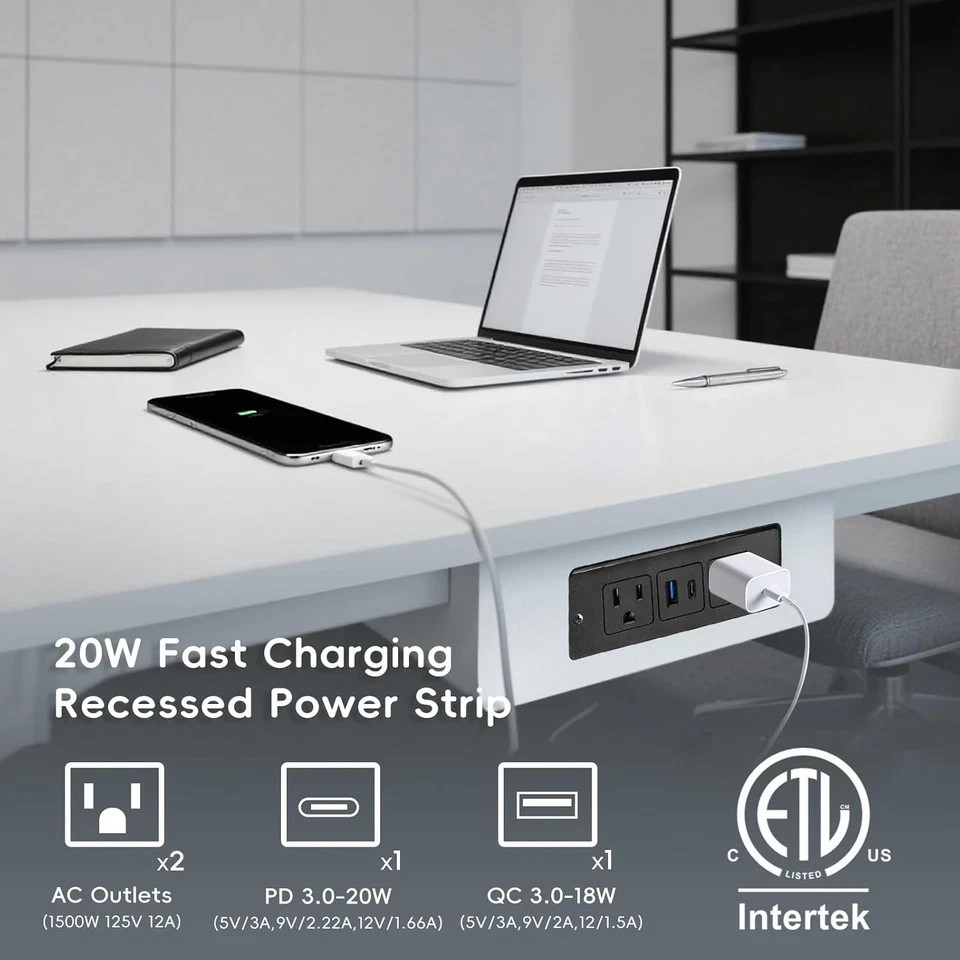 20W Recessed Power Strip USB, 2 AC Outlets + 1 USB-C + 1 USB-A Ports, 6ft Cord,