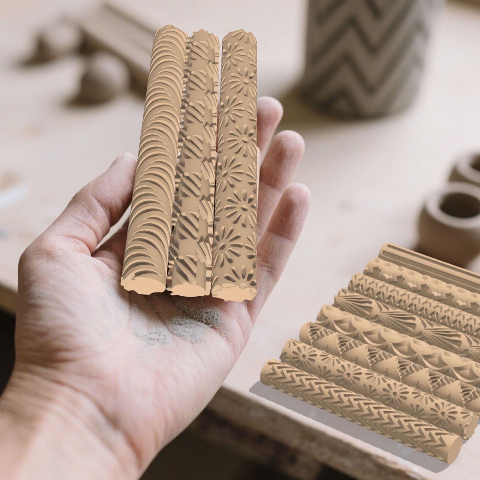Clay Texture Rollers | 10-Pack Polymer Clay Texture Roller Set for Pottery