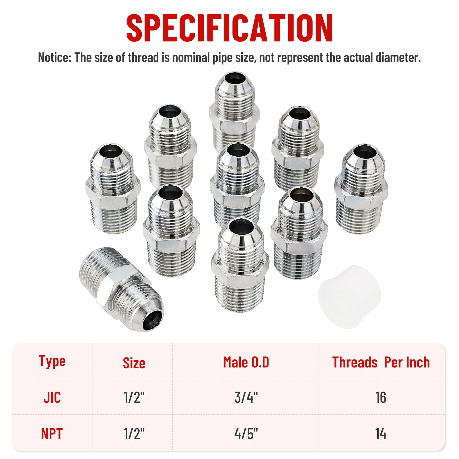 Pack of 10 Hydraulic Hose Adapter Fittings: 1/2" JIC 37° Male x 1/2" NPT Male