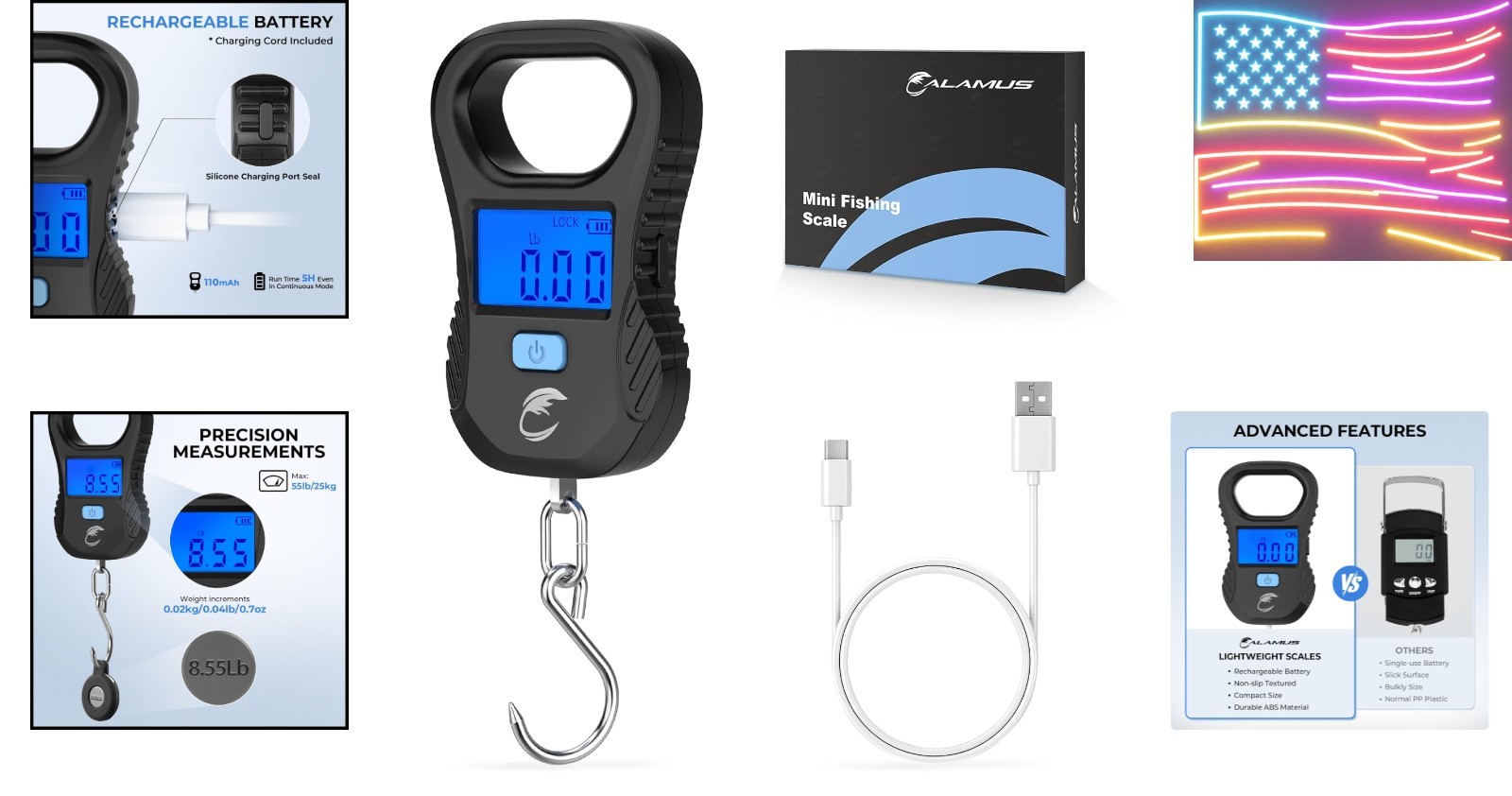 Lightweight Fish Scale, Rechargeable Digital Scale with USB Cable, 55lb Capac...