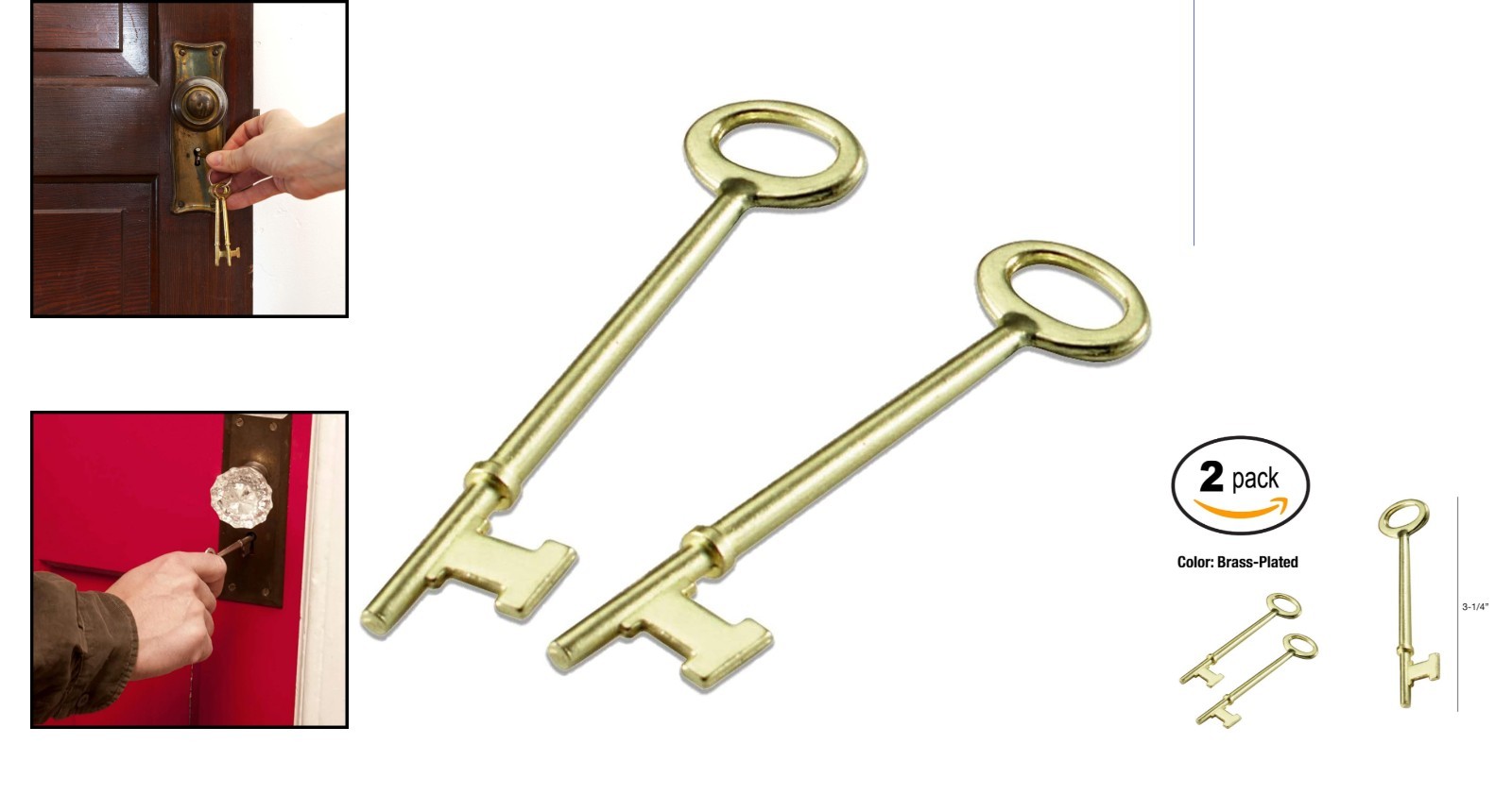 Durable Brass-Plated Zinc Skeleton Keys - Antique Flat Tip Design, 2 Pack