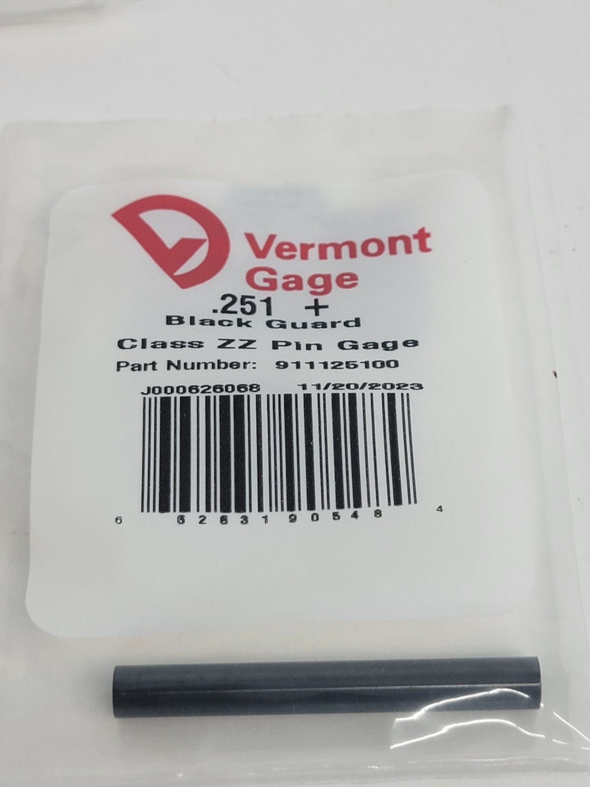 Vermont Gage - 911125100 - .251+ Black Guard Class ZZ Pin Gage
