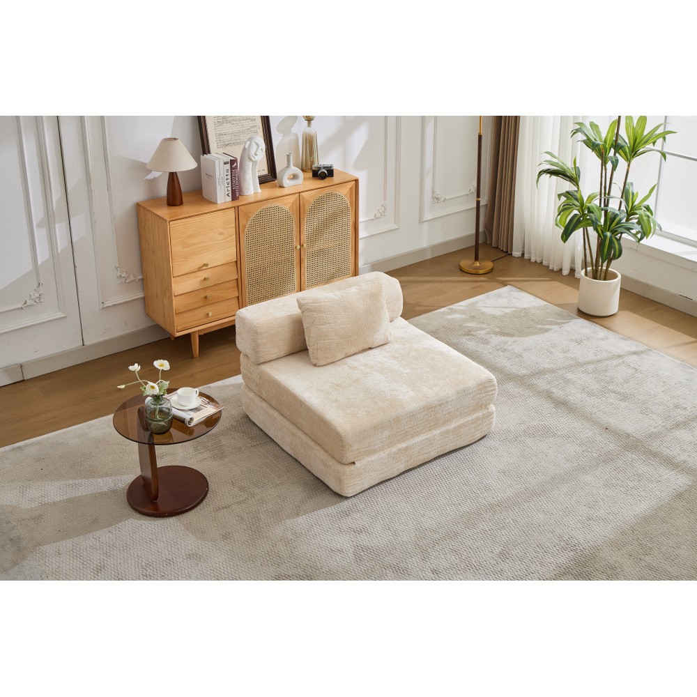 Convertible Folding Sofa Bed, Chenille Fabric Single Seat Sleeper, Beige