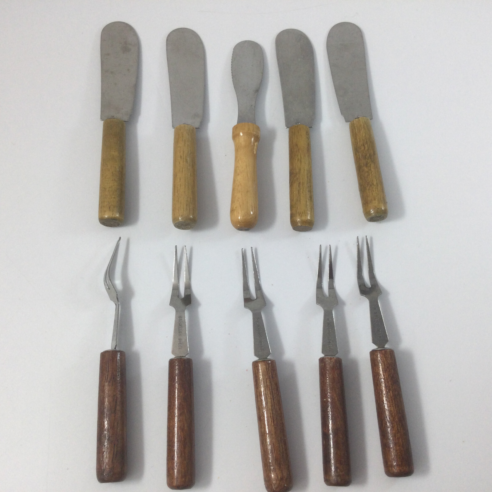 Vintage Stainless Steel Spread Appetizer Knives Forks Wooden Handle Lot of 10