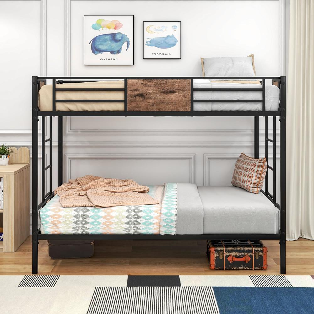 Sturdy and Durable Bunk Bed Twin Over Twin Size  with Ladder and Guardrail