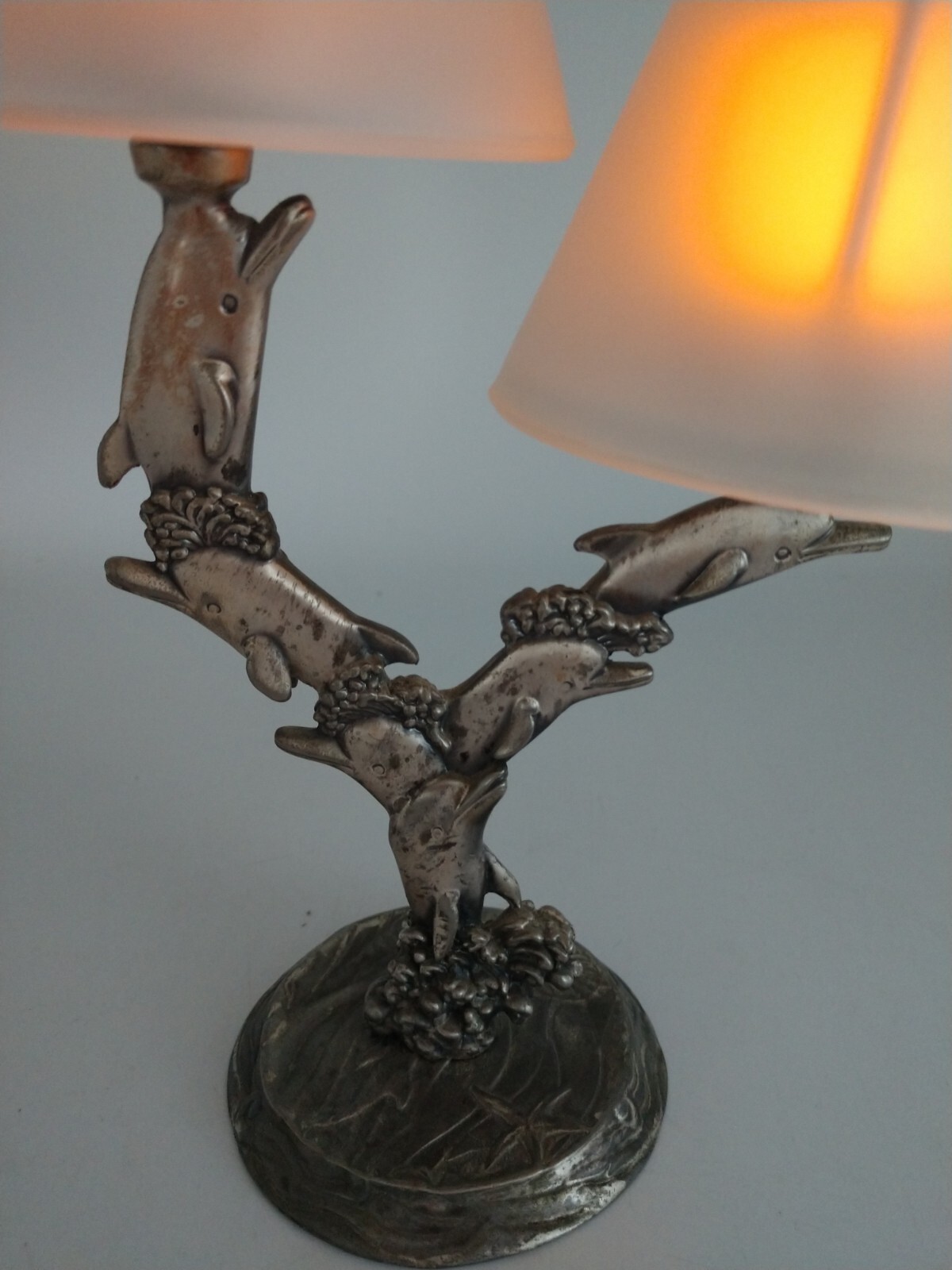 Dolphin Tealight Metal Double Lights Shades 10 inches tall 6 figurines waves
