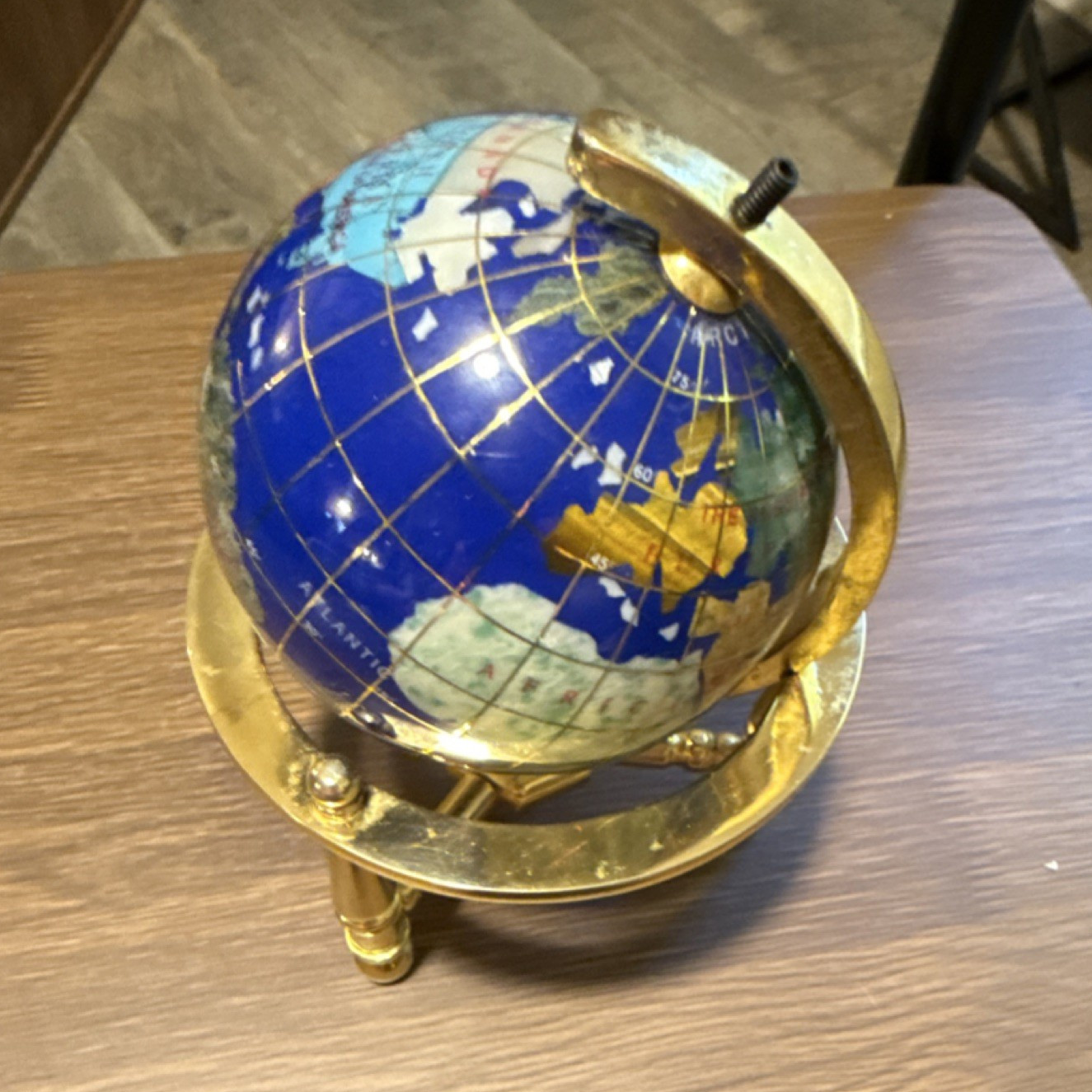 Globe Small Blue Gemstone Tabletop Rotating Brass Stand 8in Decorative Globe