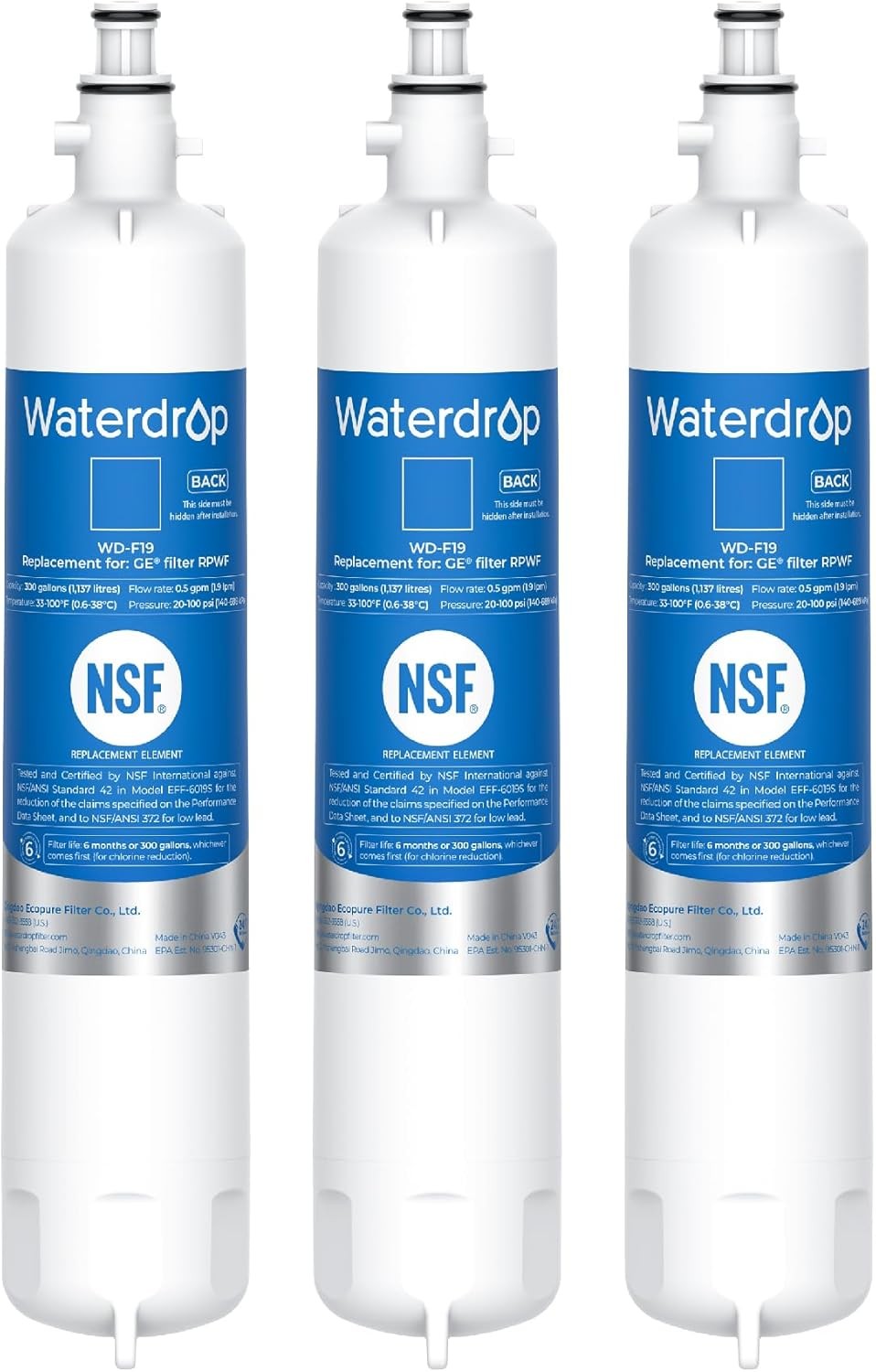 Waterdrop F19 Refrigerator Water Filter (NOT RPWFE), replacement for GE®，3 Pack