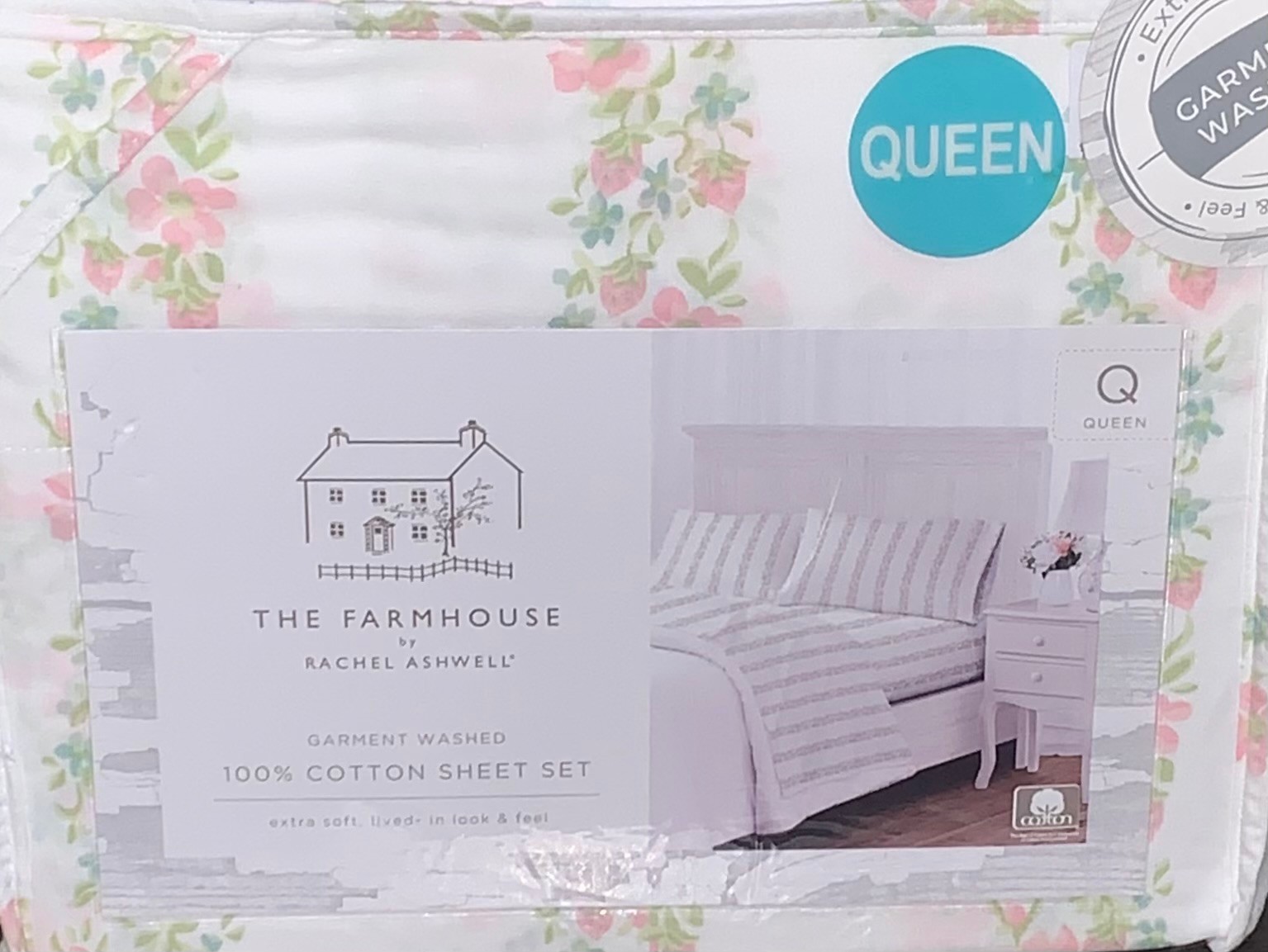 FARMHOUSE Rachel Ashwell White Pink Blue Green Floral & Berries QUEEN Sheet Set