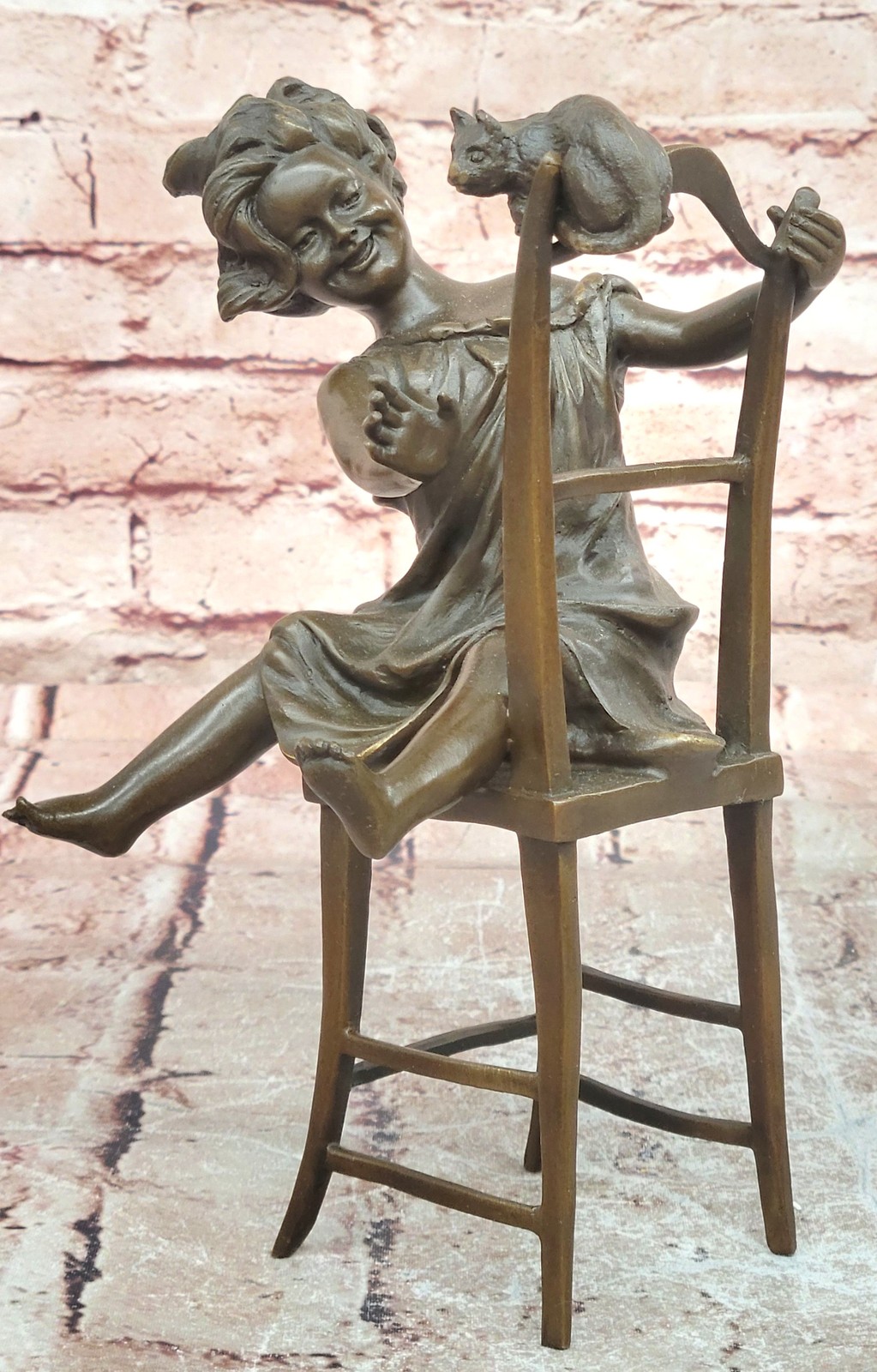 Signed Franz Iffland Bronze Girl with Cat Sculpture Child Collectible Art
